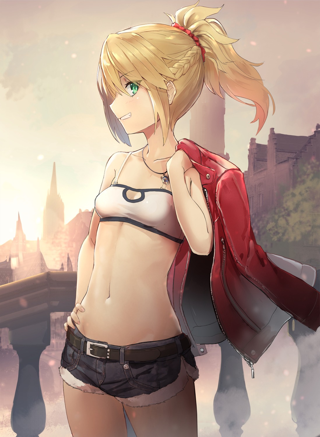 1girls, bra, fate (series), fate/apocrypha, fate/grand order, female, female only, grinning, jacket, looking at viewer, mordred (fate), shorts, solo, tagme, tagme (artist)