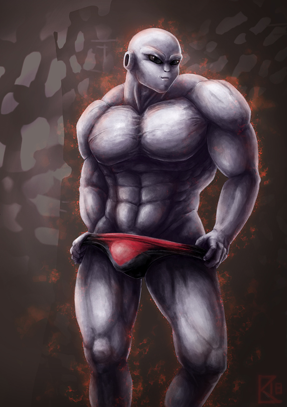 alien alien_boy black_eyes buff dragon_ball dragon_ball_super jiren male_focus male_only muscles muscular muscular_male pulling_down_pants shirtless_(male) solo_male speedo