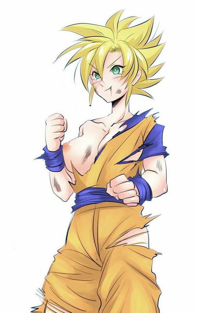 cum, dragon ball, female, female goku, male, moans, nude, nude female clothed male, rule 63, son goku, submissive female, super saiyan