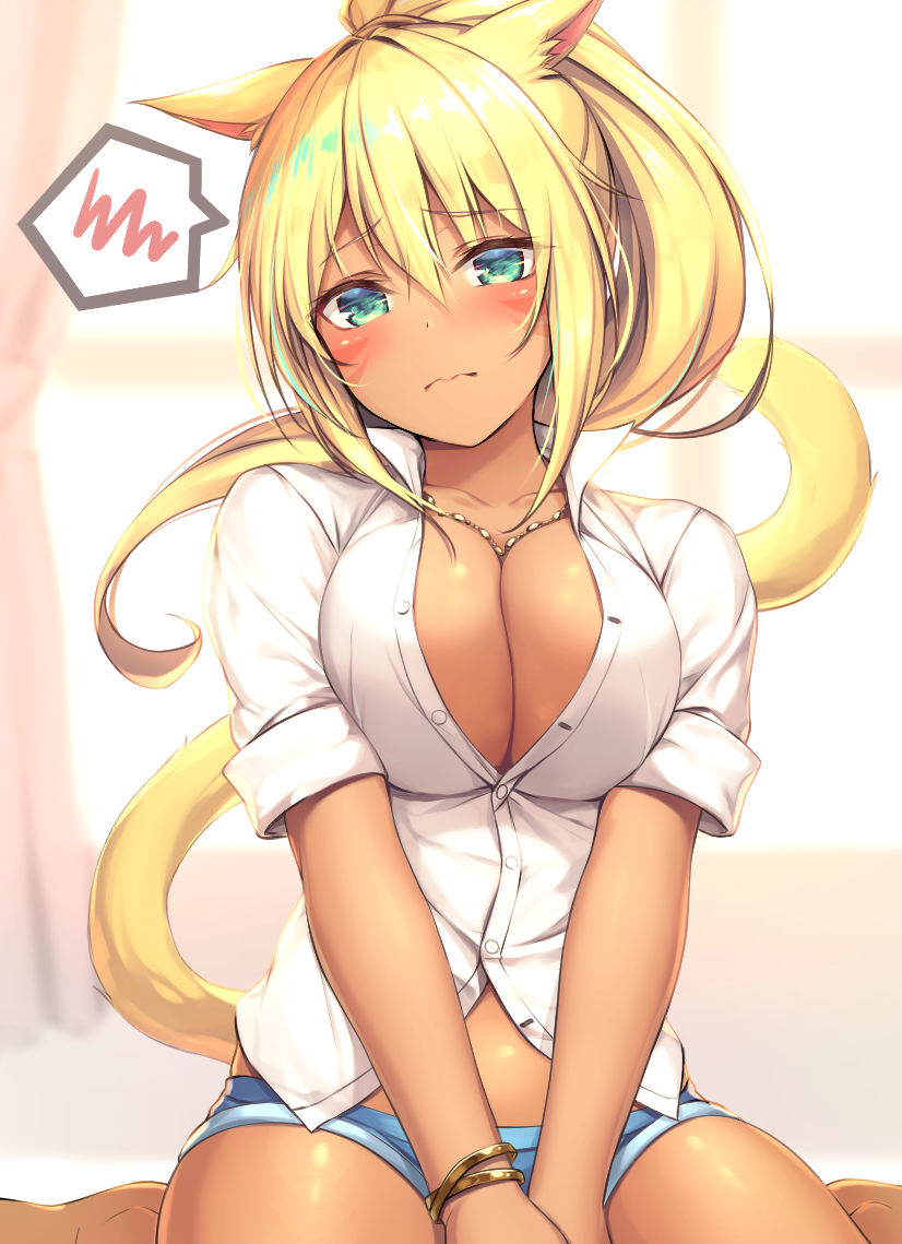 :s blonde_fur blonde_hair blush blushing bracelet bracelets cat_ears cat_tail catgirl cleavage cleavage_overflow facial_markings female female_focus female_only final_fantasy final_fantasy_xiv green_eyes jean_shorts jewelry miqo'te necklace open_shirt pout simple_background tagme tagme_(artist) tagme_(character) white_shirt window