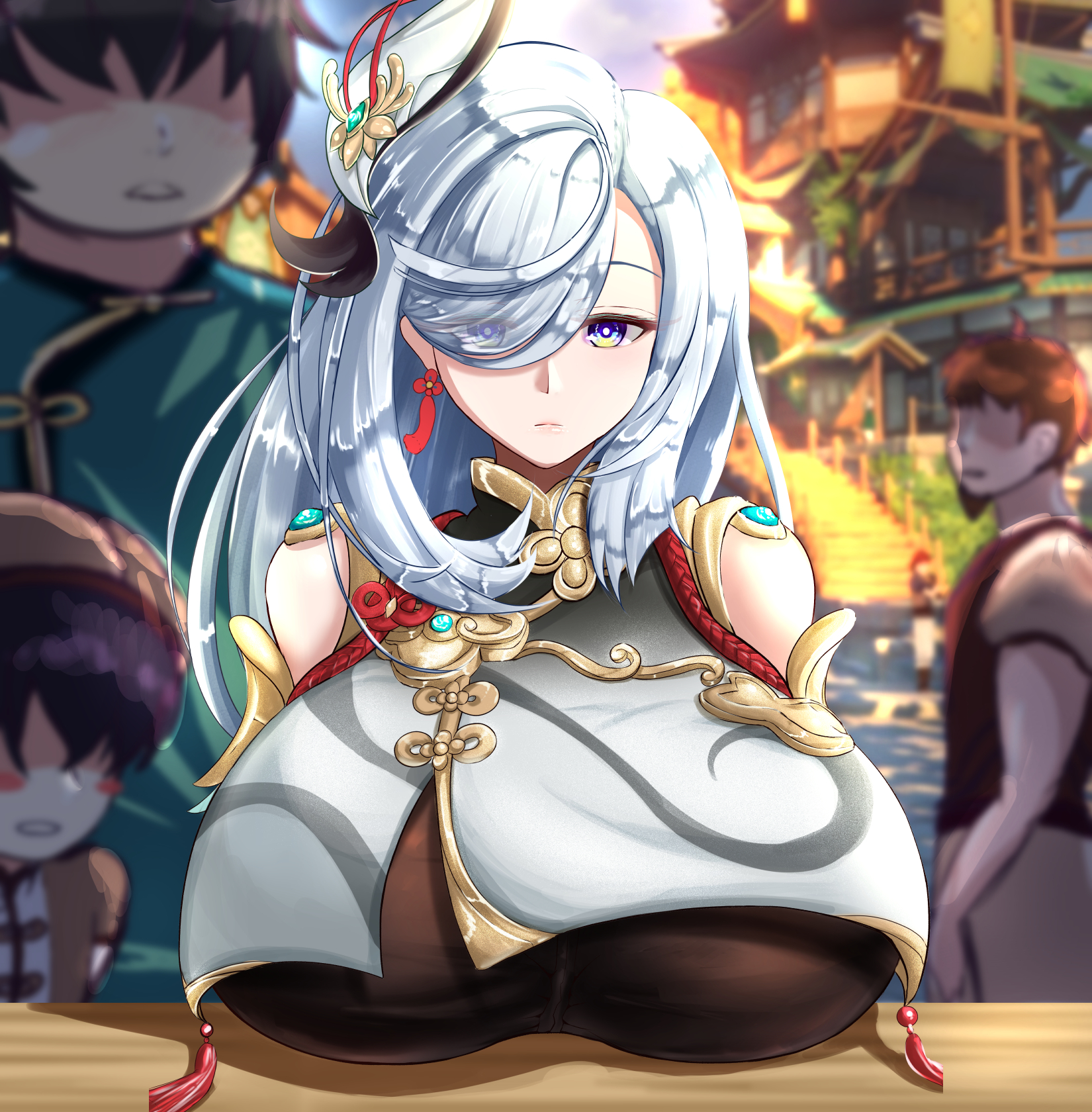 big breasts, blue eyes, breasts, female, female focus, genshin impact, hair over one eye, huge breasts, large breasts, long hair, looking at viewer, rendezvouz's a., shenhe (genshin impact), white hair