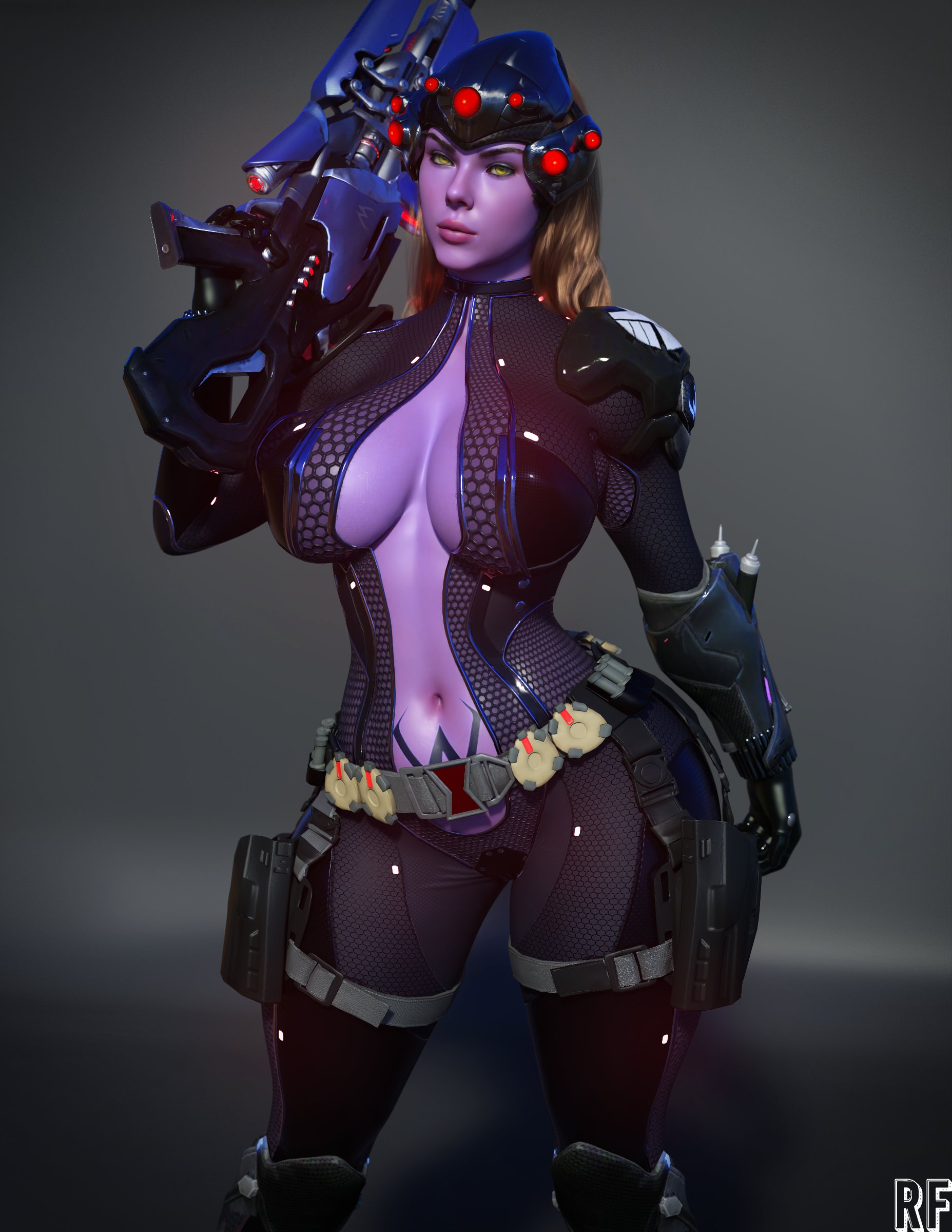 1girls, 3d, absurd res, black widow (marvel), breasts, crossover, female, female only, fusion, hi res, large breasts, marvel, marvel comics, natasha romanoff, overwatch, purple skin, rude frog, scarlett johansson, solo, tight clothing, widowmaker