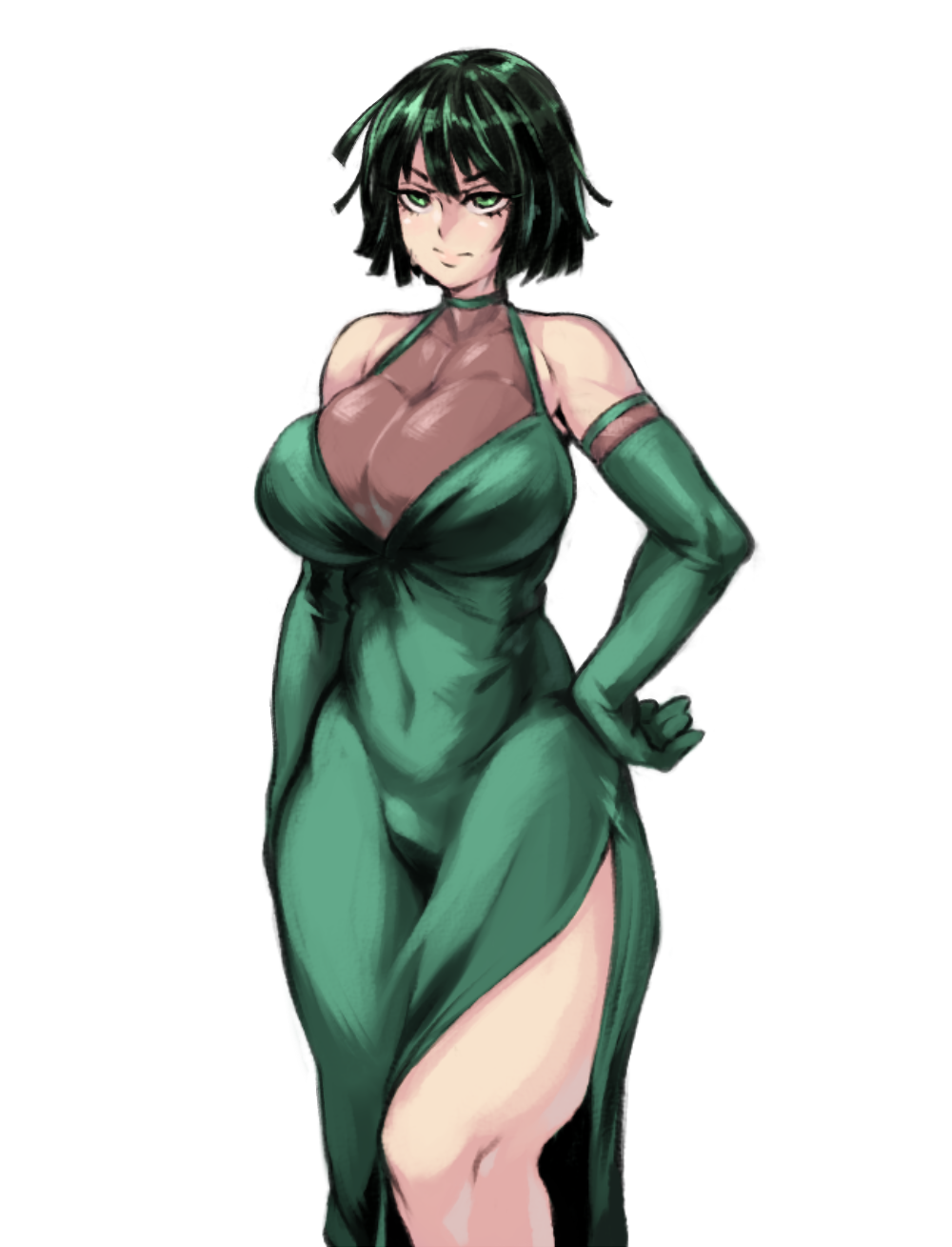 1girls, bare shoulders, belly, belly button, big breasts, bob cut, breast squeeze, breasts, busty, cameltoe, choker, cleavage, clothed, clothing, collarbone, covered breasts, covered crotch, covered navel, covered pussy, crotch, curvaceous, curvy, curvy body, curvy female, curvy figure, dark green hair, dress, exposed thighs, eyebrows, eyebrows raised, eyelashes, female, female focus, female only, front view, fubuki (one-punch man), gloves, green eyes, green hair, groin, hand on hip, heroine, hips, kelvin hiu, large breasts, leg lift, legs, light skin, light-skinned female, lips, lipstick, looking away, medium hair, midriff, navel, one-punch man, plump, plump camel toe, pose, presenting, pussy, pussy bulge, seductive, seductive eyes, seductive look, short hair, shy, slim, slim waist, solo, solo female, solo focus, stomach, sweat, sweatdrop, teasing, thick, thick legs, thick thighs, thighs, thin waist, tight clothing, tight dress, toned, toned body, toned female, toned stomach, voluptuous, waist, white background, wide hips