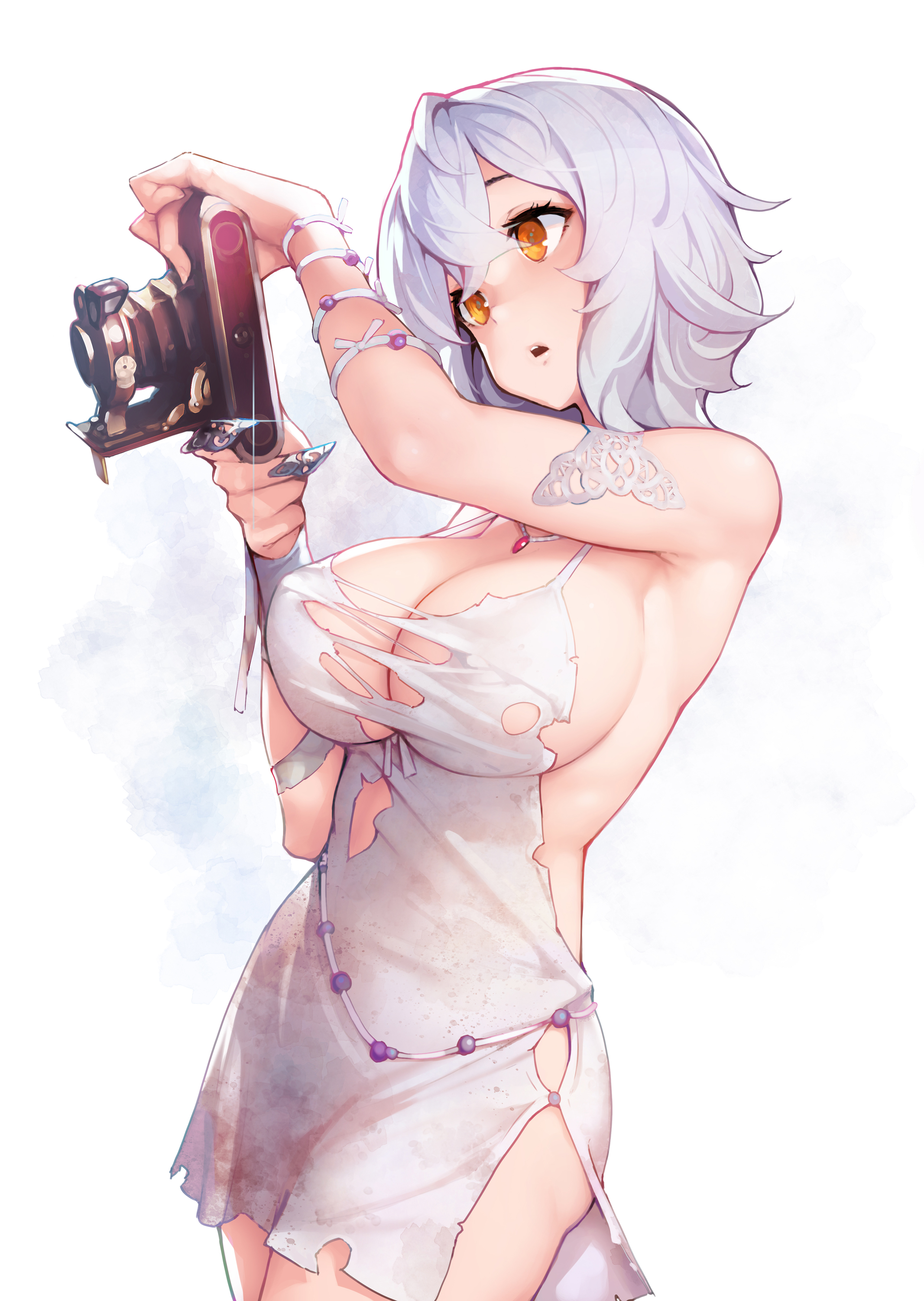 ataruman, big breasts, breasts, code vein, female, female focus, female only, io (code vein), light skin, ripped clothing, solo, solo female, tagme, tagme (artist), white background, white hair