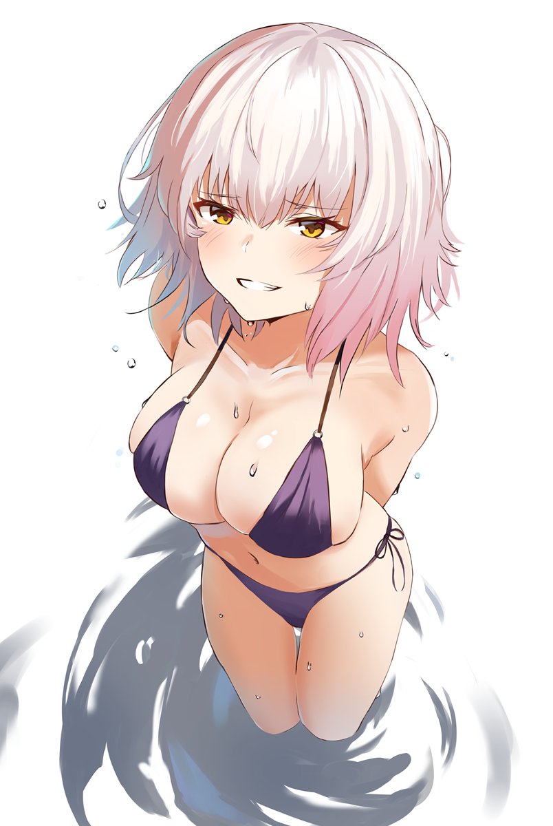 1girls, breasts, cleavage, fate (series), female, female focus, female only, jeanne alter, legs, legs together, purple swimsuit, sideboob, swimsuit, tagme, tagme (artist), thigh gap, yellow eyes
