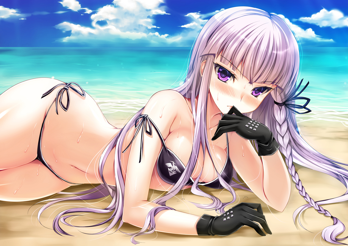 1girls, beach, bikini, bikini bottom, bikini top, black bikini, black panties, blush, blush lines, blushing, blushing at viewer, breasts, cute, danganronpa, danganronpa 1, danganronpa s: ultimate summer camp, danganronpa: trigger happy havoc, embarrassed, embarrassed female, embarrsed, female, female only, gloved hands, gloves, kirigiri kyouko, light skin, light-skinned female, long hair, looking at viewer, medium breasts, ninoko, purple eyes, sand, sea, sky, smooth skin, solo, sweat, wide hips