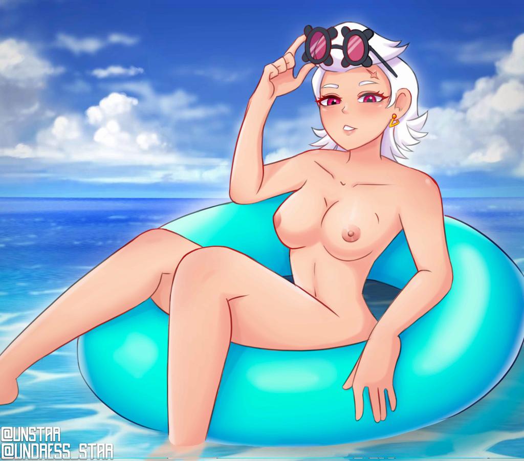 1girls, belle (brawl stars), brawl stars, earrings, female, female only, floating, glasses, nude, nude female, ocean, red eyes, scar, tagme, undress star, white hair
