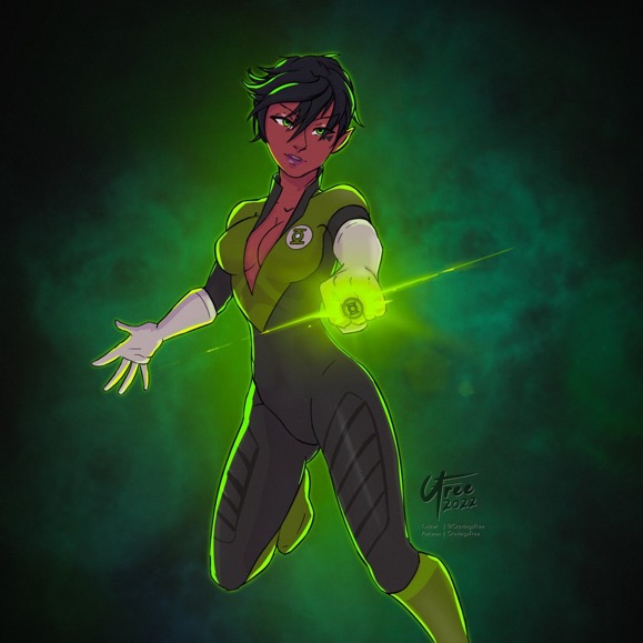 1girls alien alien_girl background cleavage clothed cravingsfree dc dc_comics female female_only green_lantern green_lantern_(series) power_ring ring solo_female solo_focus soranik_natu space