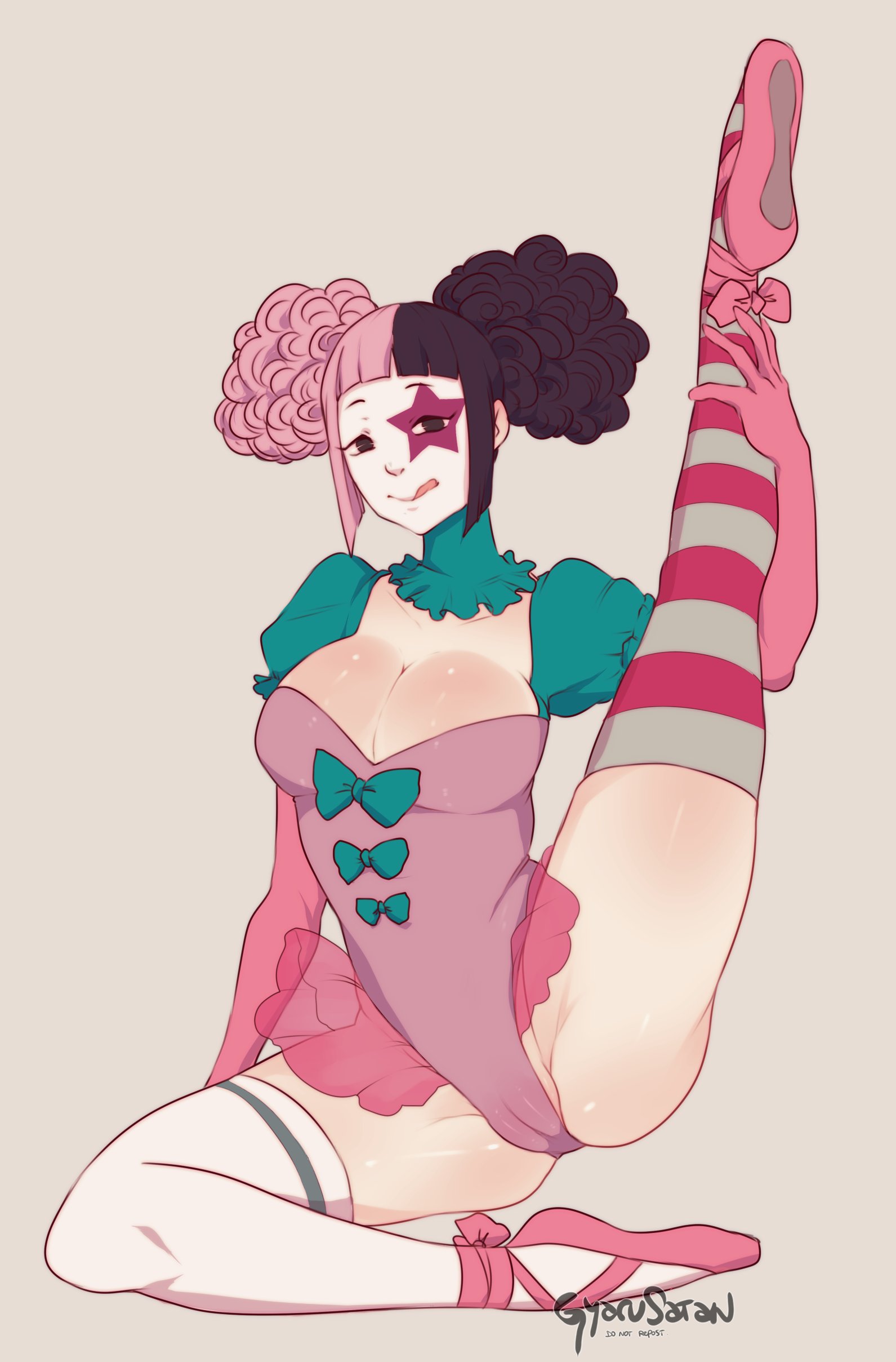 :q, 1girls, ballet shoes, bangs, black eyes, black hair, blunt bangs, cameltoe, cleavage, clown, clown girl, clown makeup, clussy, curly hair, female, female only, gyarusatan, hi res, holding leg, leg up, looking at viewer, pink hair, pussy, sitting, smiling at viewer, solo, solo female, splits, striped thighhighs, thick thighs, thighhighs, two-tone hair, white background, white thighhighs