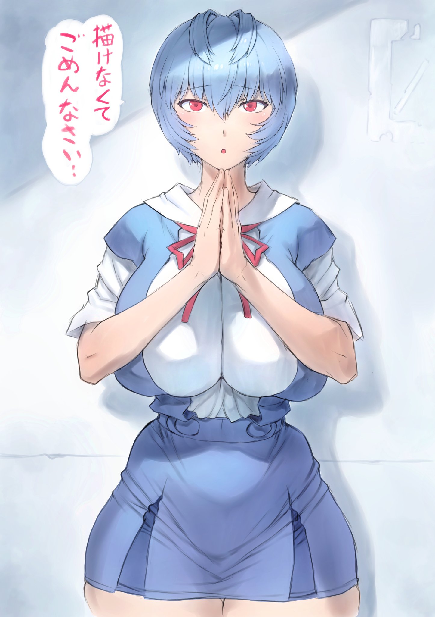 blush, breasts, clothing, female, huge breasts, large breasts, mogudan, neon genesis evangelion, own hands clasped, own hands together, praying, rei ayanami, school uniform, skirt, solo, solo female, tagme, thick thighs, translation request