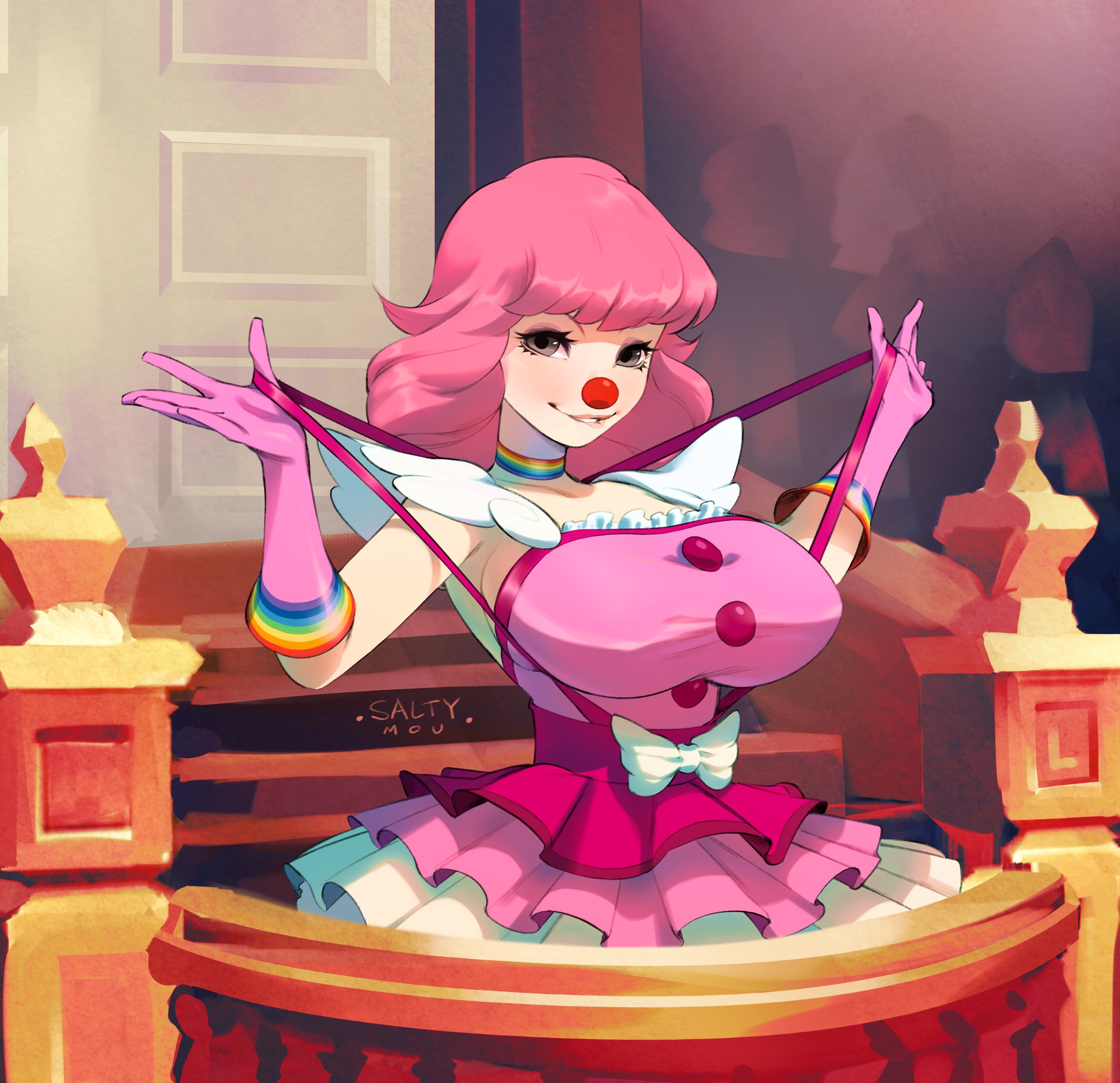 1girls, big breasts, biting lip, blush, breasts, busty, clothing, clown, clown girl, female, female only, geiru toneido, gyakuten saiban, huge breasts, looking at viewer, pink hair, saltymou, solo, straps