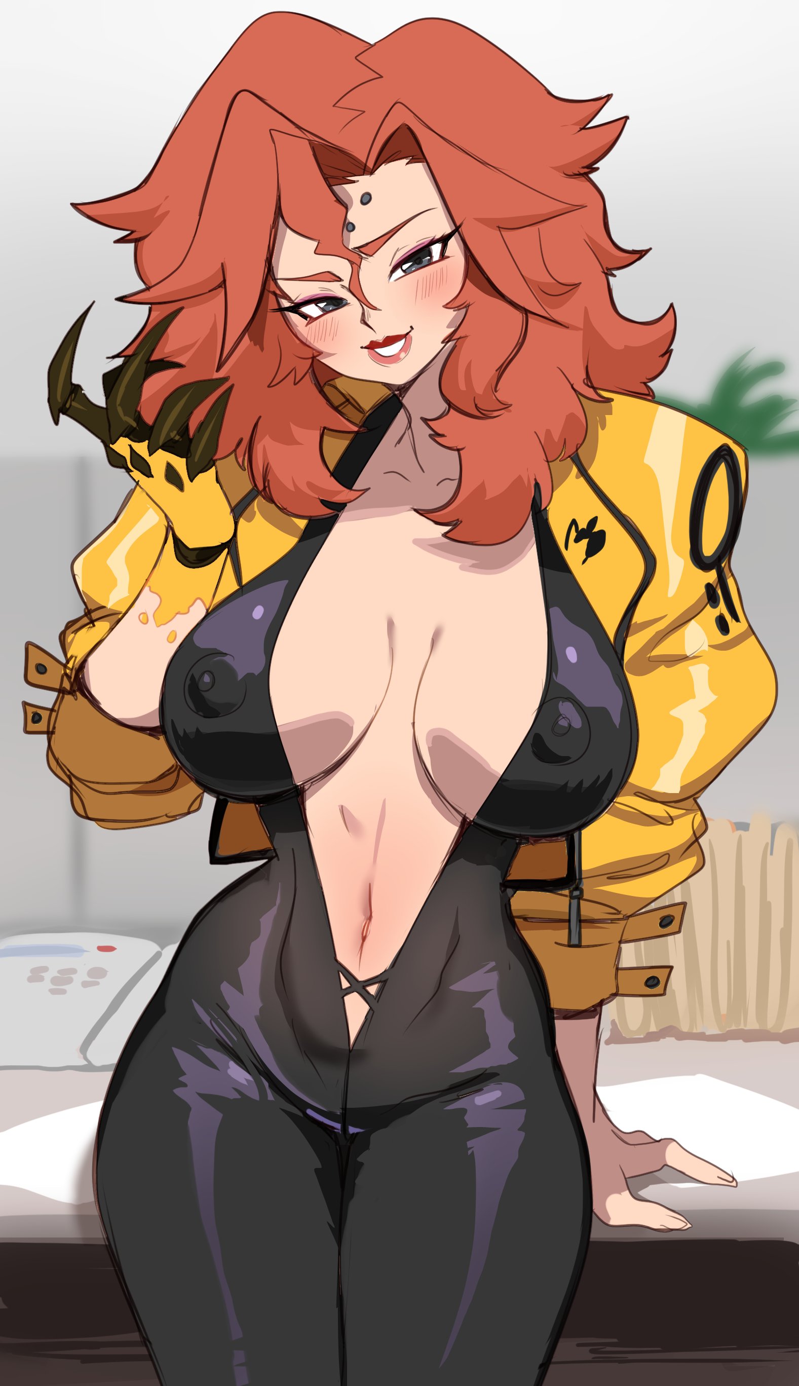1girls, 2022, 80's theme, areola bulge, bodysuit, breasts, claudette (lightsource), clothing, female, female only, hi res, inner sideboob, jacket, leaning on hand, leaning on table, lightsource, long hair, looking at viewer, nipple bulge, nipples visible through clothing, orange hair, original, rolled up sleeves, sharp claws, smiling, smiling at viewer, solo, solo female