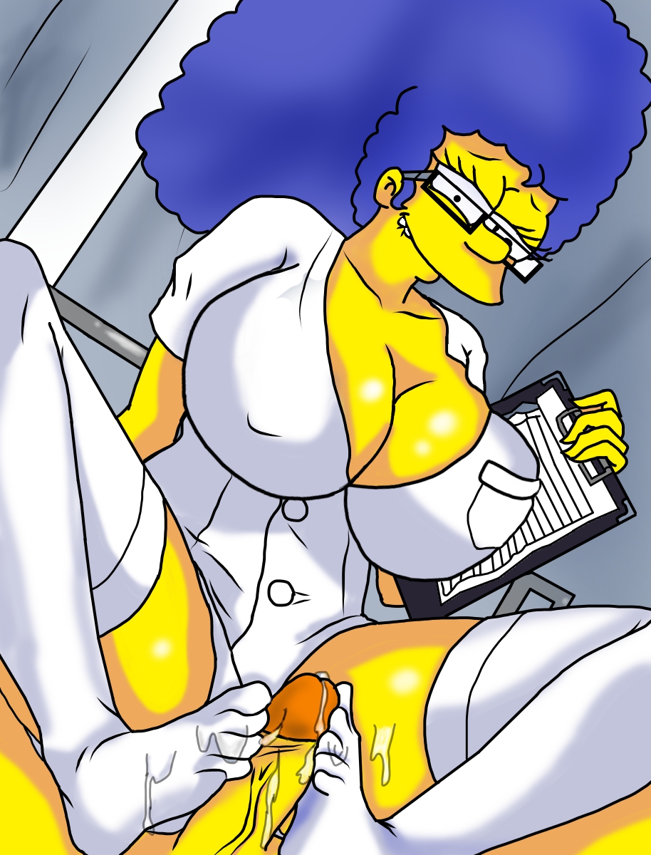 1girls, big breasts, blue hair, breasts, cleavage, doctor, female, female focus, foot fetish, footjob, glasses, huge breasts, male, marge simpson, milf, penis, stockings, straight, tagme, the simpsons, unknown artist, veiny penis