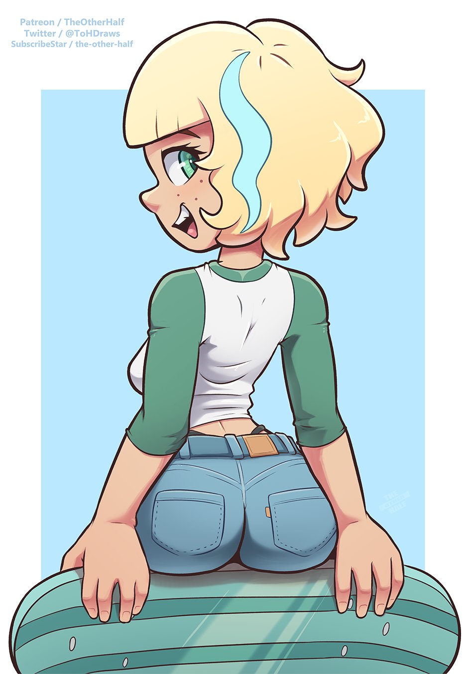 1girls, 2020s, 2022, ass, big ass, blue bottomwear, clothing, denim shorts, disney, disney channel, disney xd, female, female only, freckles, jackie lynn thomas, looking at viewer, looking back, open mouth, panties, rear view, shirt, short hair, shorts, skateboard, smile, solo, star vs the forces of evil, tan-skinned female, the other half, tomboy, two-tone topwear, white female