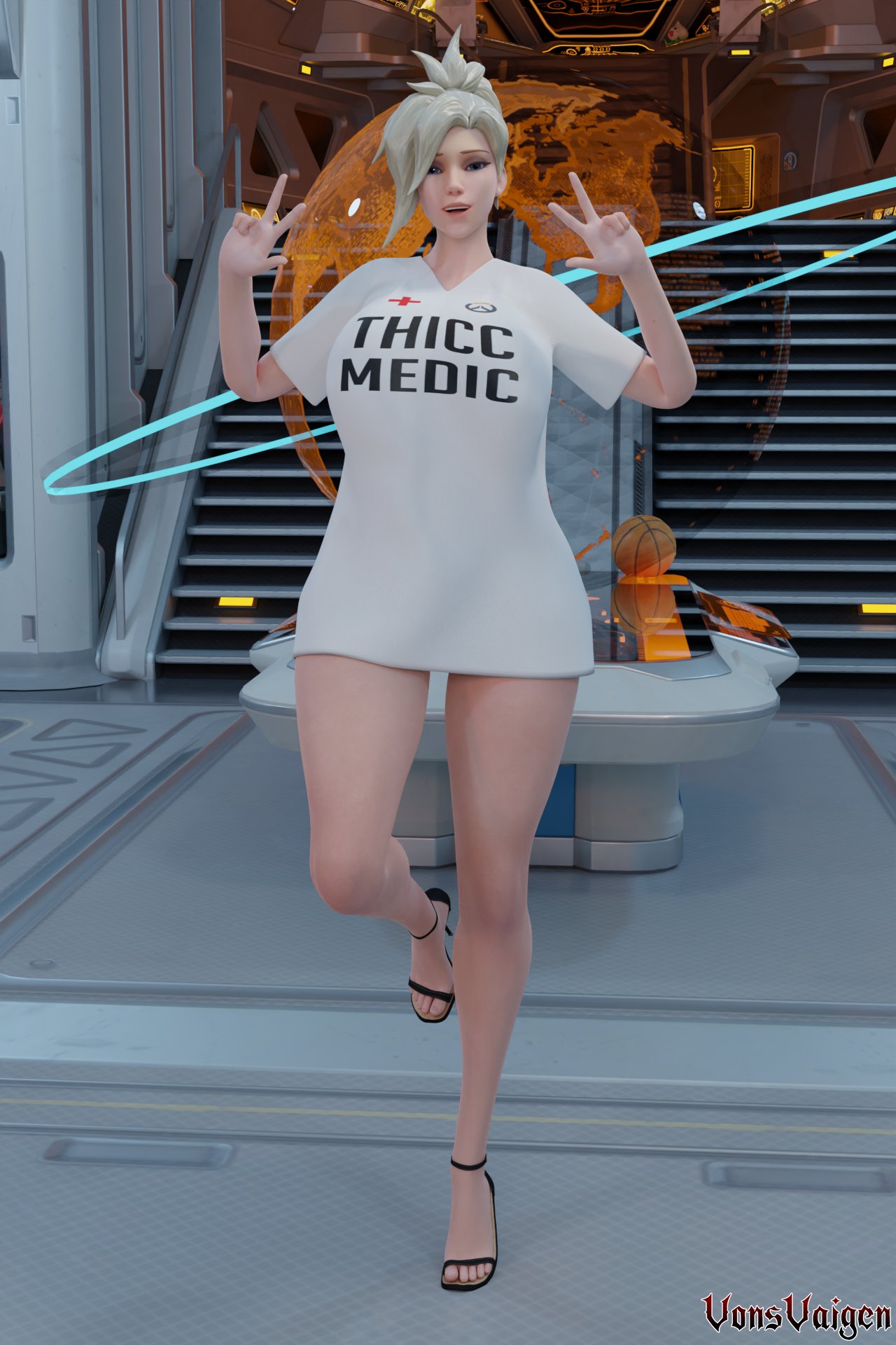 1girls, 3d, angela ziegler, big breasts, blizzard entertainment, blonde female, blue eyes, blue-eyed female, breasts, double v, english text, female, female only, heels, high heels, hourglass figure, huge breasts, human, human only, light skin, light-skinned female, looking at viewer, mercy, overwatch, overwatch 2, peace sign, ponytail, shirt, smile, smiling, solo, t-shirt, text on clothing, text on shirt, text on topwear, vonsvaigen, white shirt, wide hips