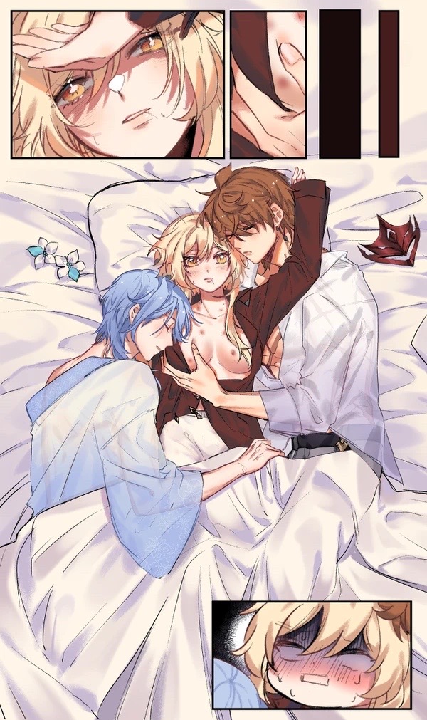 1girls 2boys after_sex after_threesome bed bishonen blonde_hair blue_eyes breasts breasts_out childe_(genshin_impact) cuddling genshin_impact gentle_maledom ginger_hair gold_eyes hand_on_breast hickey hickey_marks kamisato_ayato lumine_(genshin_impact) morning_after pretty_boy romantic sandwiched short_hair_with_long_locks sleeping tartaglia_(genshin_impact) threesome wholesome xiayou1104(twitter)