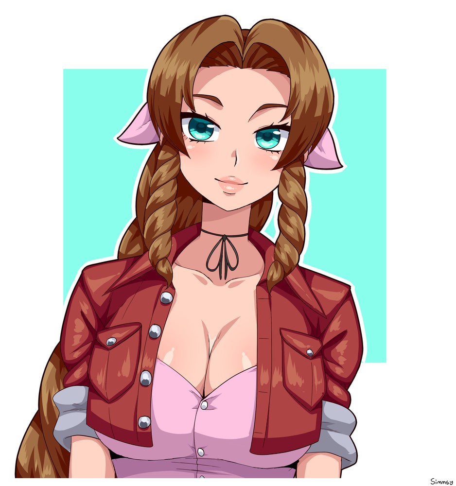 aerith_gainsborough big_breasts breasts brown_hair clothing dress dressing female final_fantasy final_fantasy_vii green_eyes simmsy