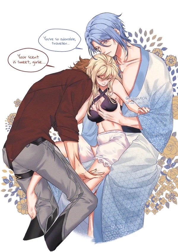 1girls, 2boys, alternate version available, barefoot, bishonen, blonde hair, blue hair, breasts, childe (genshin impact), closed eyes, dialogue, do not repost, female, female focus, fondling, fondling breast, genshin impact, gentle maledom, ginger hair, groping, groping breasts, groping from behind, hand on thigh, kamisato ayato, lumine (genshin impact), male, maledom, mole under mouth, partially clothed, petite, petite body, pretty boy, sandwich position, sandwiched, tartaglia (genshin impact), threesome, white background, xiayou1104 (twitter)