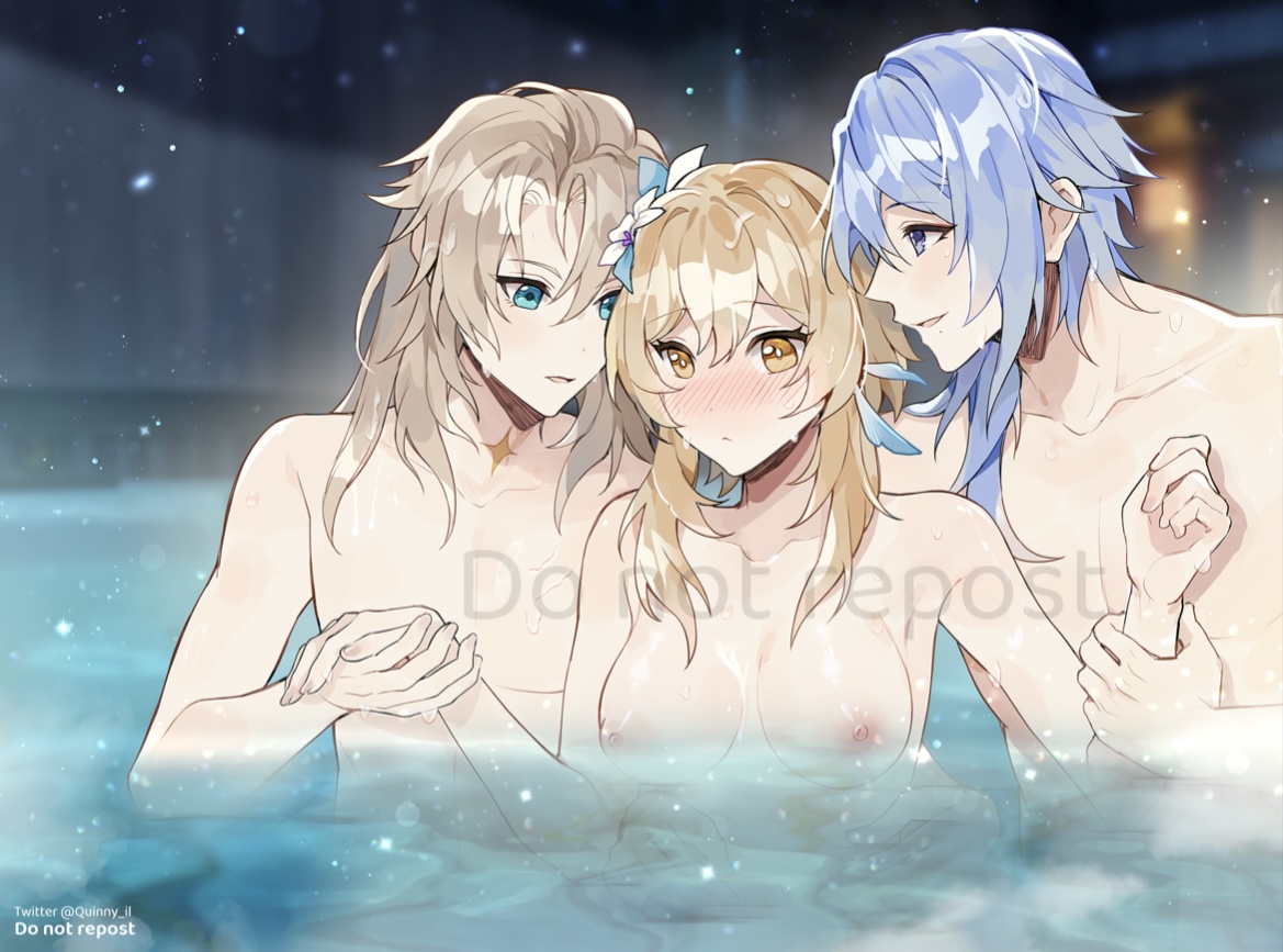 1girls, 2boys, albedo (genshin impact), bathhouse, bathing, blonde hair, blue hair, blush, breasts, dirty blonde hair, female, genshin impact, gold eyes, hand on arm, holding hand, hot spring, imminent sex, imminent threesome, kamisato ayato, lumine (genshin impact), male, nipples, nude, romantic, sandwiched, teal eyes, threesome, water, wholesome, yellow eyes