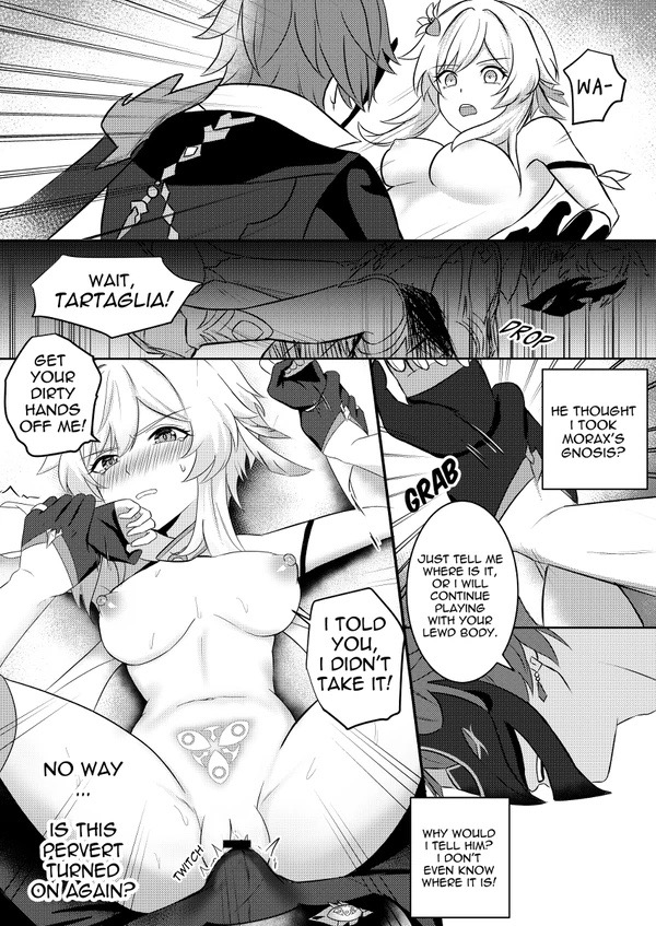 1boy, 1girls, breasts, childe (genshin impact), doujinshi, english dialogue, erect nipples, erect penis, erection, erection under clothes, female, genshin impact, holding wrists, imminent rape, lumine (genshin impact), male, male/female, nipples, nude, penis, pubic tattoo, rape, ruby (tartaruby), straight, tartaglia (genshin impact)