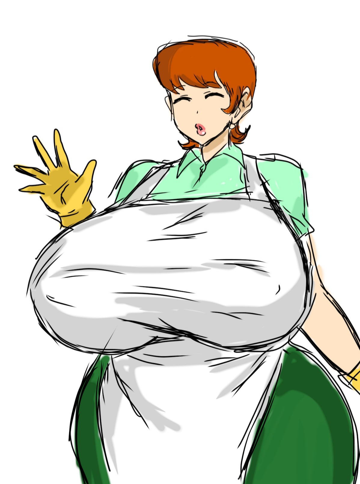 1girls, apron, armwear, big body, big breasts, bottomwear, breasts, closed eyes, clothing, curvy, dexter's laboratory, dexter's mom, earrings, female, female only, gloves, green pants, hair, hips, huge breasts, large breasts, latex, latex gloves, lips, mature, mature female, milf, momiji (artist), mother, orange hair, plump, red head, solo, solo female, thick lips, thick thighs, thighs, topwear, venus body, voluptuous, white apron, wide hips, yellow gloves