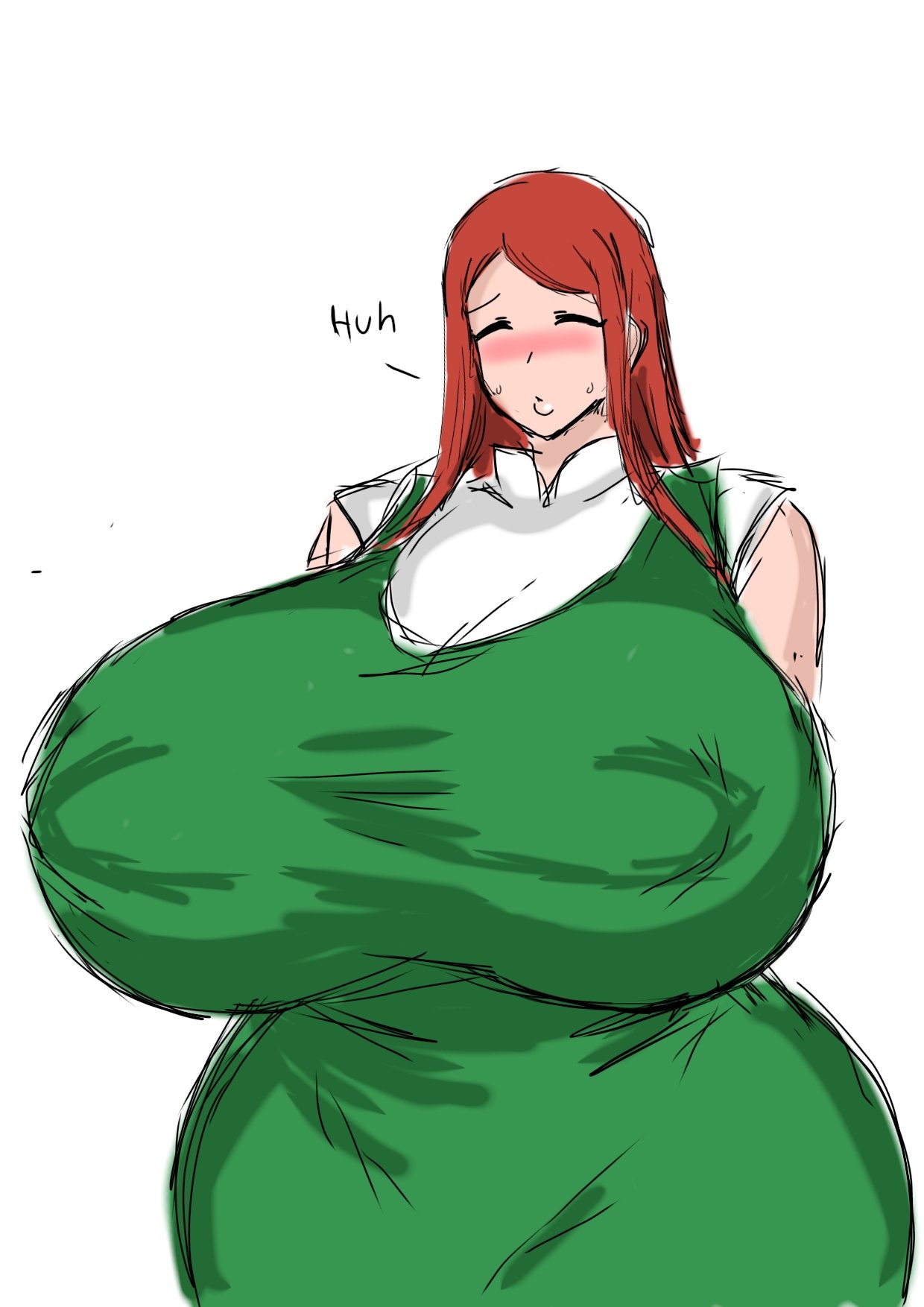 1girls, apron, big breasts, blush, breasts, closed eyes, clothing, english, english text, female, female only, green apron, hair, hips, huge breasts, large breasts, lips, mature, mature female, milf, momiji (artist), mother, naruto, naruto (series), plump, red hair, solo, solo female, text, topwear, uzumaki kushina, venus body, voluptuous, white shirt