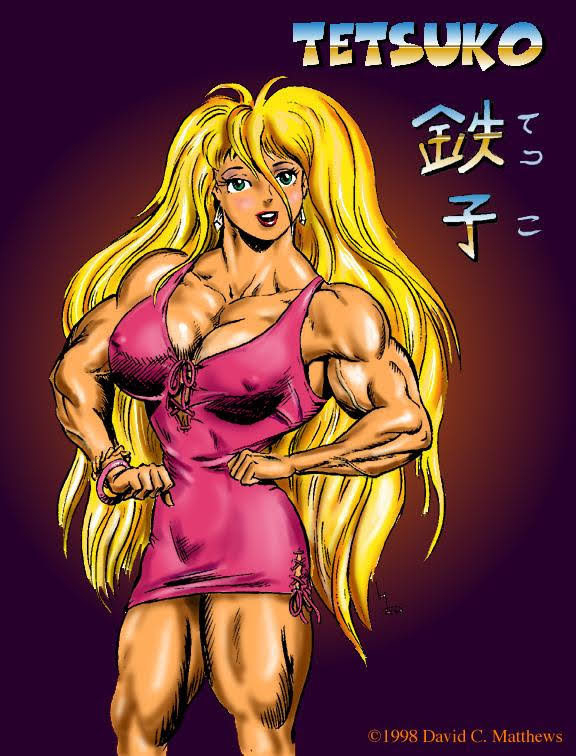 big_breasts blonde_hair breasts curves curvy dcmatthews dress female green_eyes huge_breasts large_breasts long_hair muscles muscular muscular_female solo tetsuko