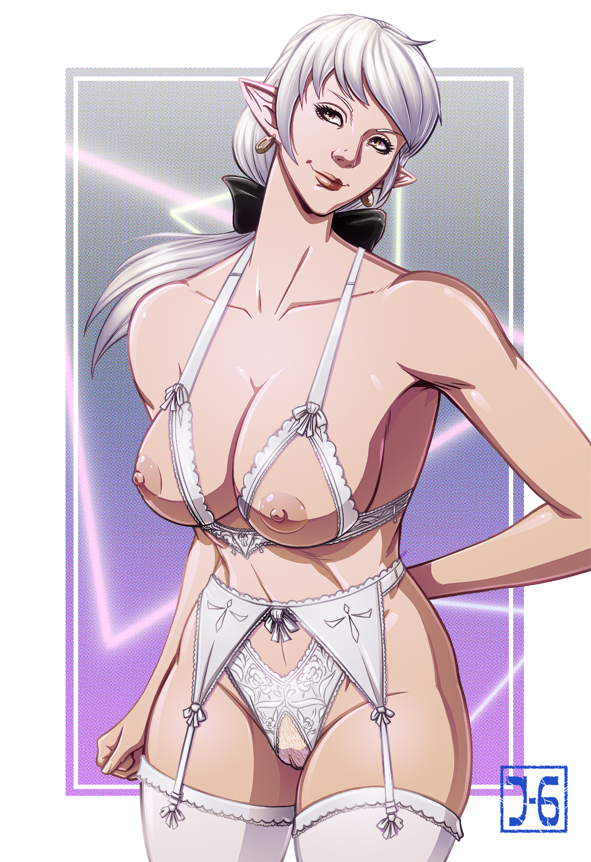 1girls, ameliance leveilleur, big breasts, bowtie, breasts, brown eyes, cheating, cheating wife, crotchless panties, cupless bra, doodle, earrings, elezen, elf, elf ears, elf female, female, final fantasy, final fantasy xiv, garter belt, garter straps, juno-6, light skin, light-skinned female, lingerie, milf, nipples, nude, nude female, pale skin, pale-skinned female, pointy ears, pubic hair, pussy, sketch, smile, smiling, square enix, thick thighs, undressing, white hair