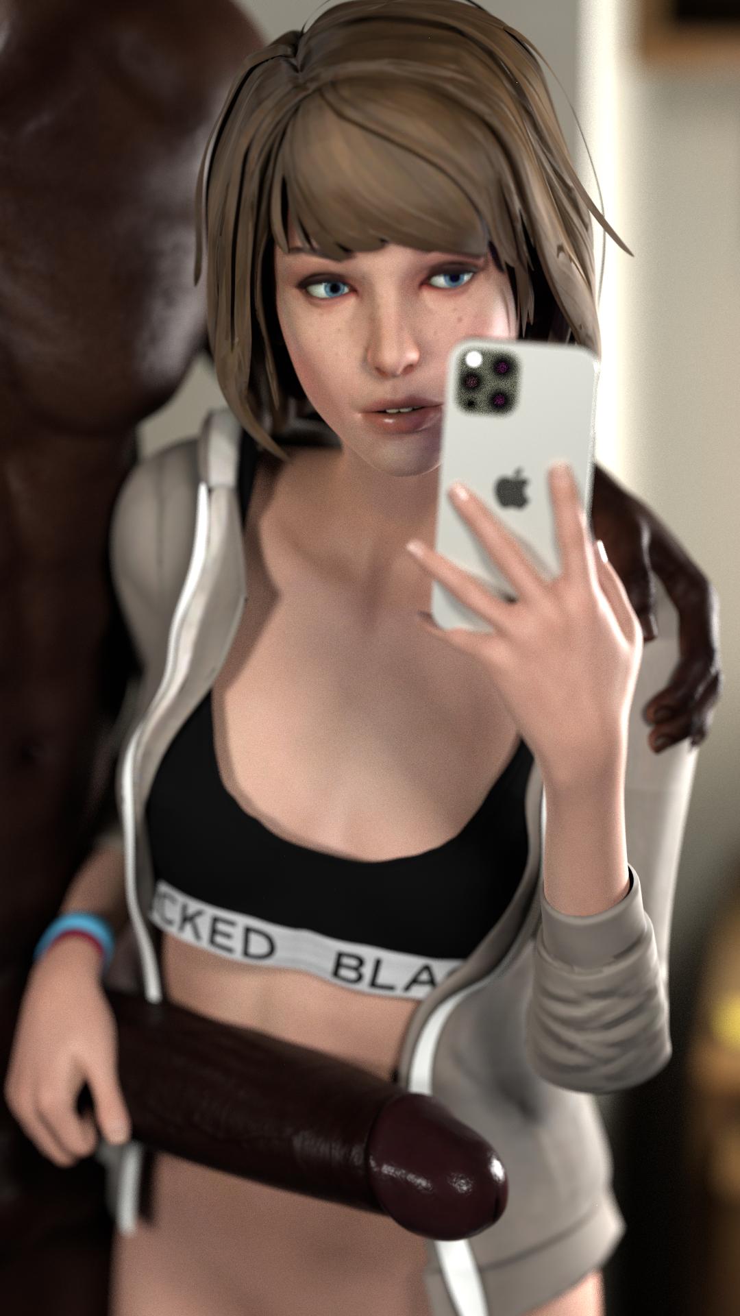 1boy, 1girls, 3d, blacked, blacked clothing, dark skin, dark-skinned male, female, hoodie, huge cock, interracial, life is strange, male, max caulfield, penis, phone, stephanie23, straight