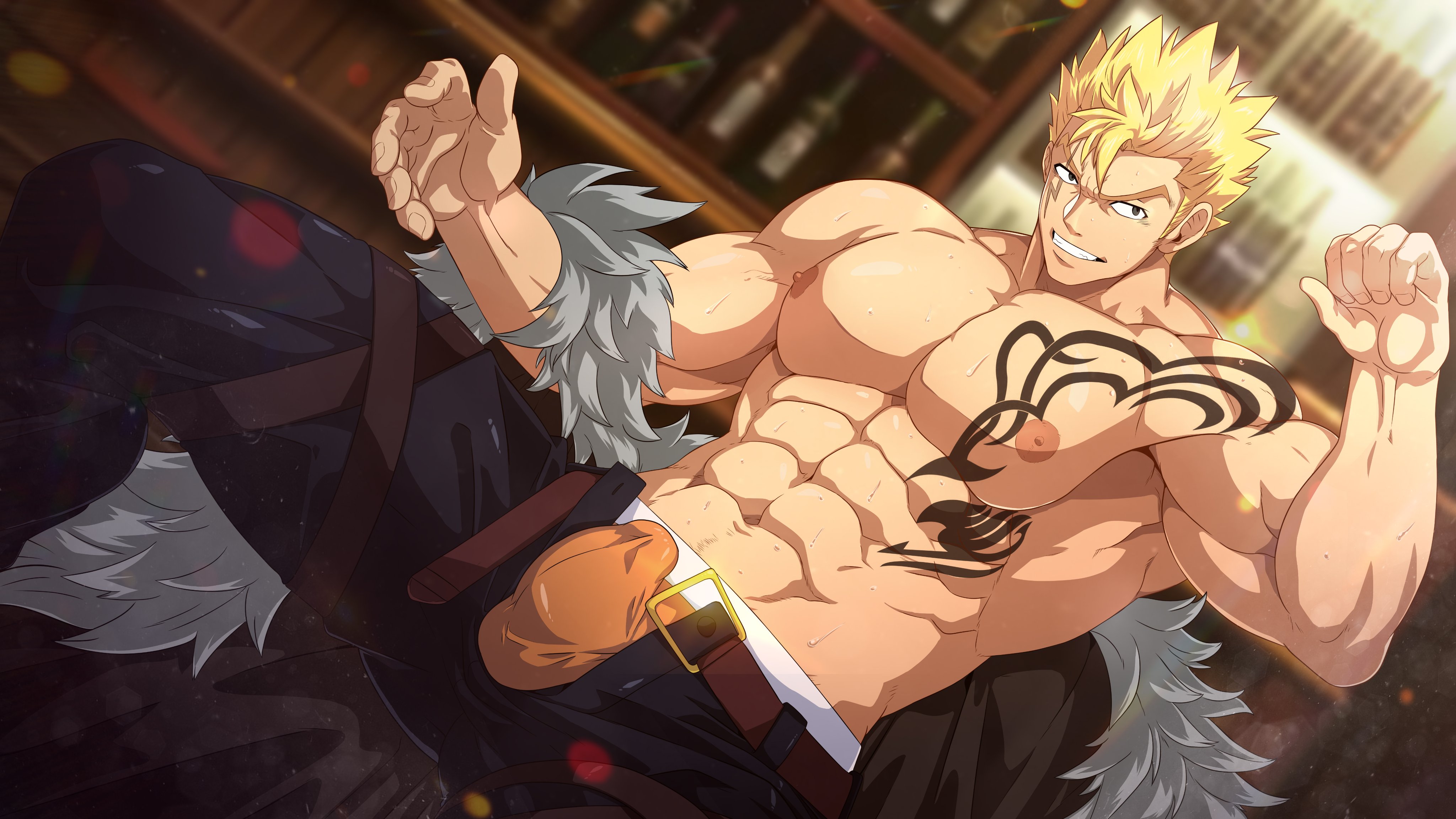 abs, bara, biceps, blonde hair, bulge, erection under clothes, fairy tail, laxus dreyar, male, male only, mazjojo, muscular, muscular male, pecs, shirtless, yaoi