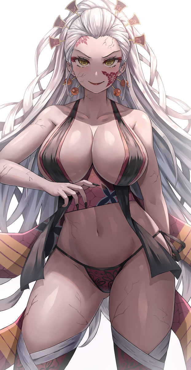 1girls, 2022, 2d, 2d (artwork), anime girl, ass, big breasts, breasts, daki (kimetsu no yaiba), demon, demon girl, demon slayer, female, female only, jasony, kimetsu no yaiba, long hair, long white hair, looking at viewer, silver hair, smile, smiling at viewer, thick ass, thick thighs, thighs, white background, white hair, white-haired female, yellow eyes, yellow sclera