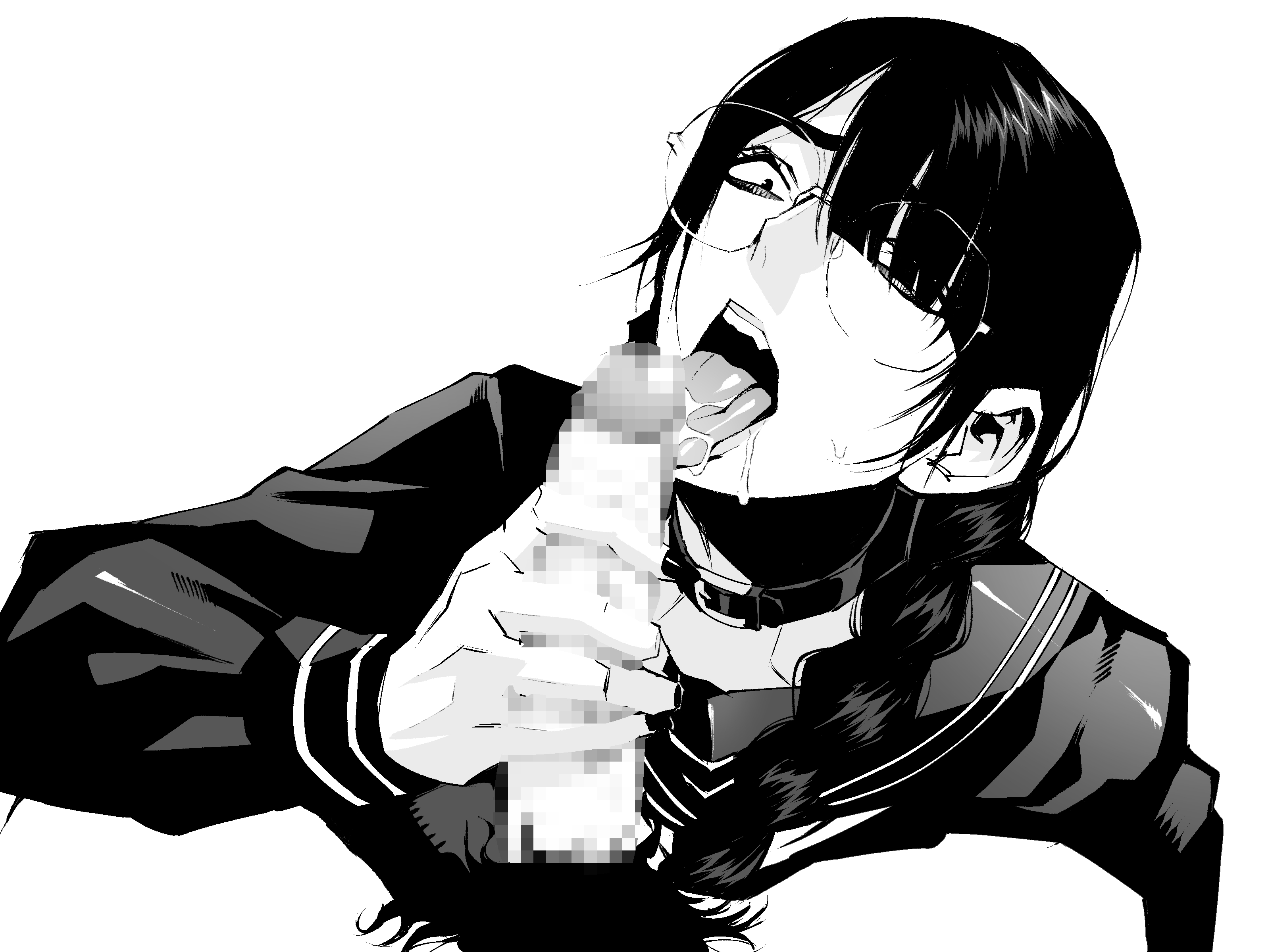 blowjob, braided hair, censored, dark hair, glasses, munmun dou, original character, pobotto, school uniform