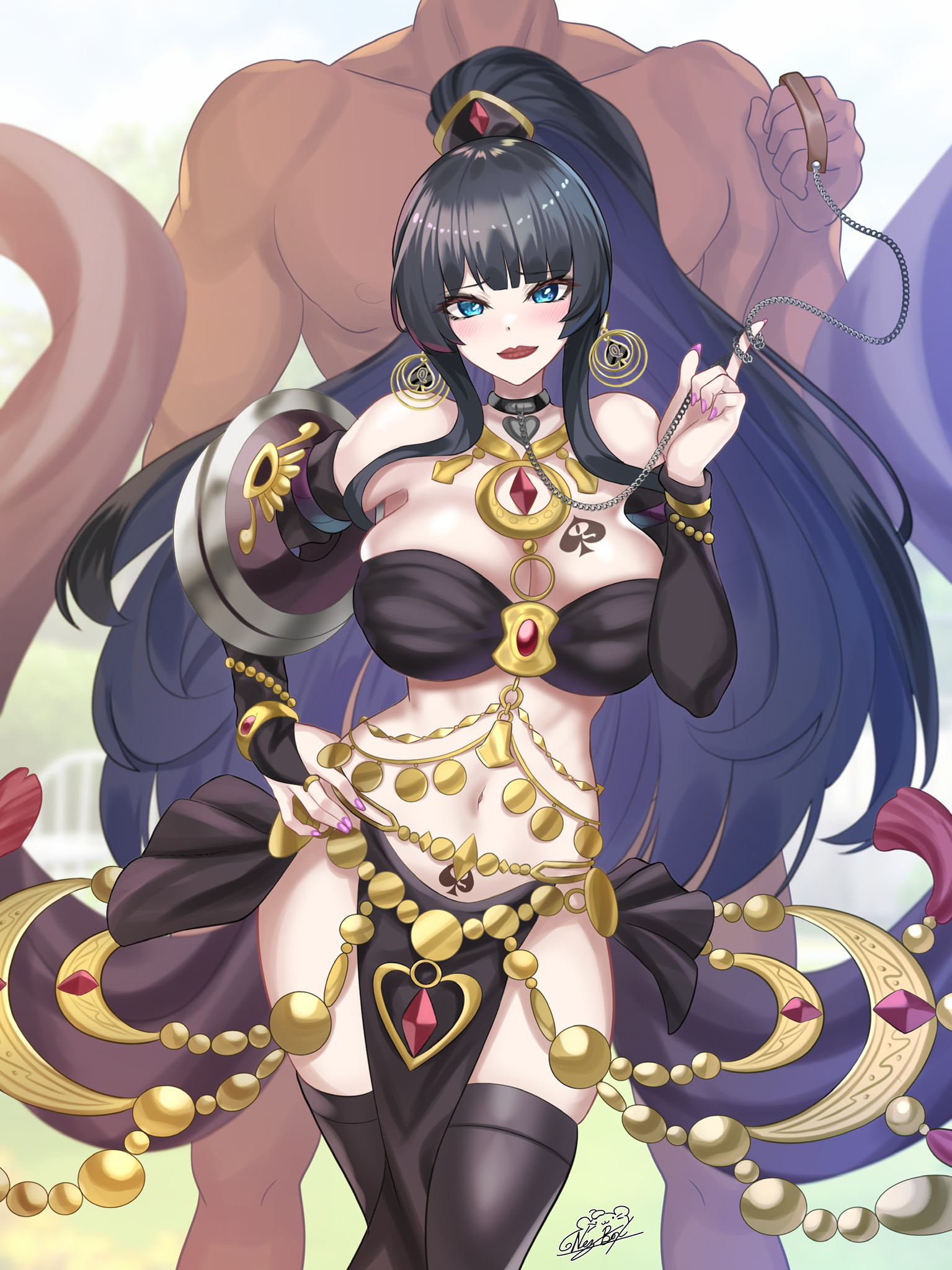 1girls, black hair, chain leash, chained, collar, dancer outfit, dark skin, dark-skinned male, earrings, female, final fantasy, final fantasy xiv, gaia (ffxiv), jewelry, light skin, light-skinned female, lips, long hair, male, nez-box, qos, queen of spades, queen of spades symbol, slave, spade earrings, spade tattoo, tattoo