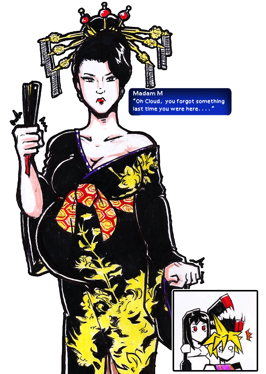 belly big_belly black_hair breasts cleavage cloud_strife english_text female final_fantasy final_fantasy_vii japanese_clothes kimono large_breasts madam_m nasuokaa-san pregnant pregnant_belly pregnant_female solo_focus text tifa_lockhart