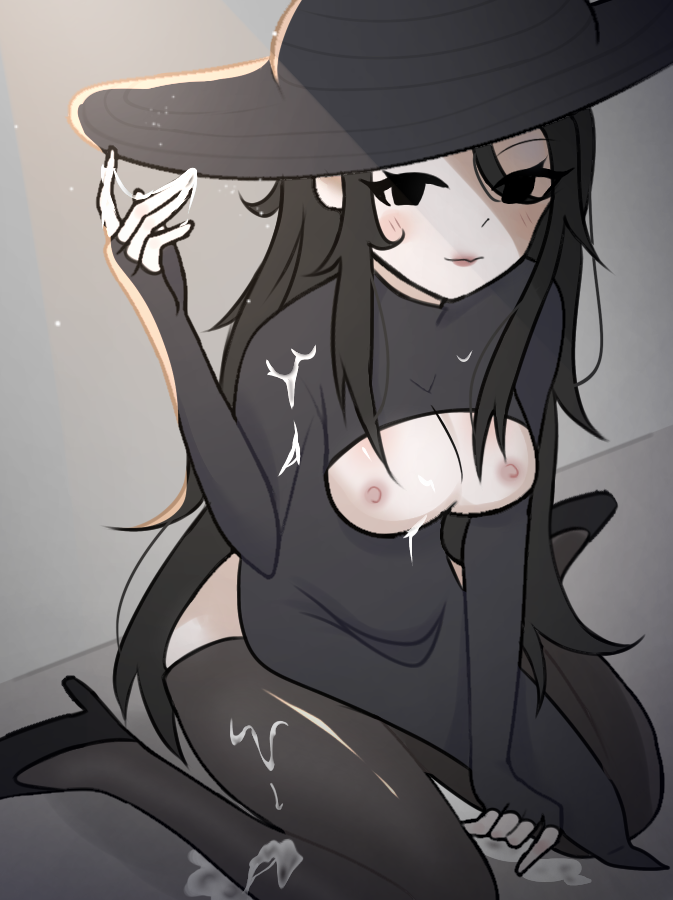 artist_request black_dress black_hair black_hat blush breasts_out cum_on_body cum_on_breasts long_hair posing roblox roblox_game sama_(the_mimic) source_request tagme tall_female the_mimic w_sitting white_skin white_skinned_female