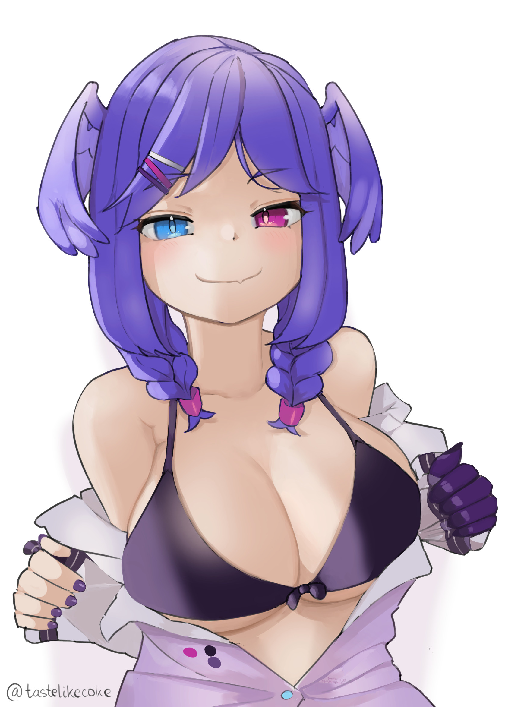 1girls, 2022, big breasts, bra, breasts, dragon girl, exposed shoulders, eyes, eyes open, female, female only, hair wings, heterochromia, human, large breasts, looking at viewer, nijisanji, nijisanji en, open eyes, opening shirt, purple hair, selen tatsuki, showing off, smile, smiling, smug, twin braids, unbuttoned shirt, virtual youtuber