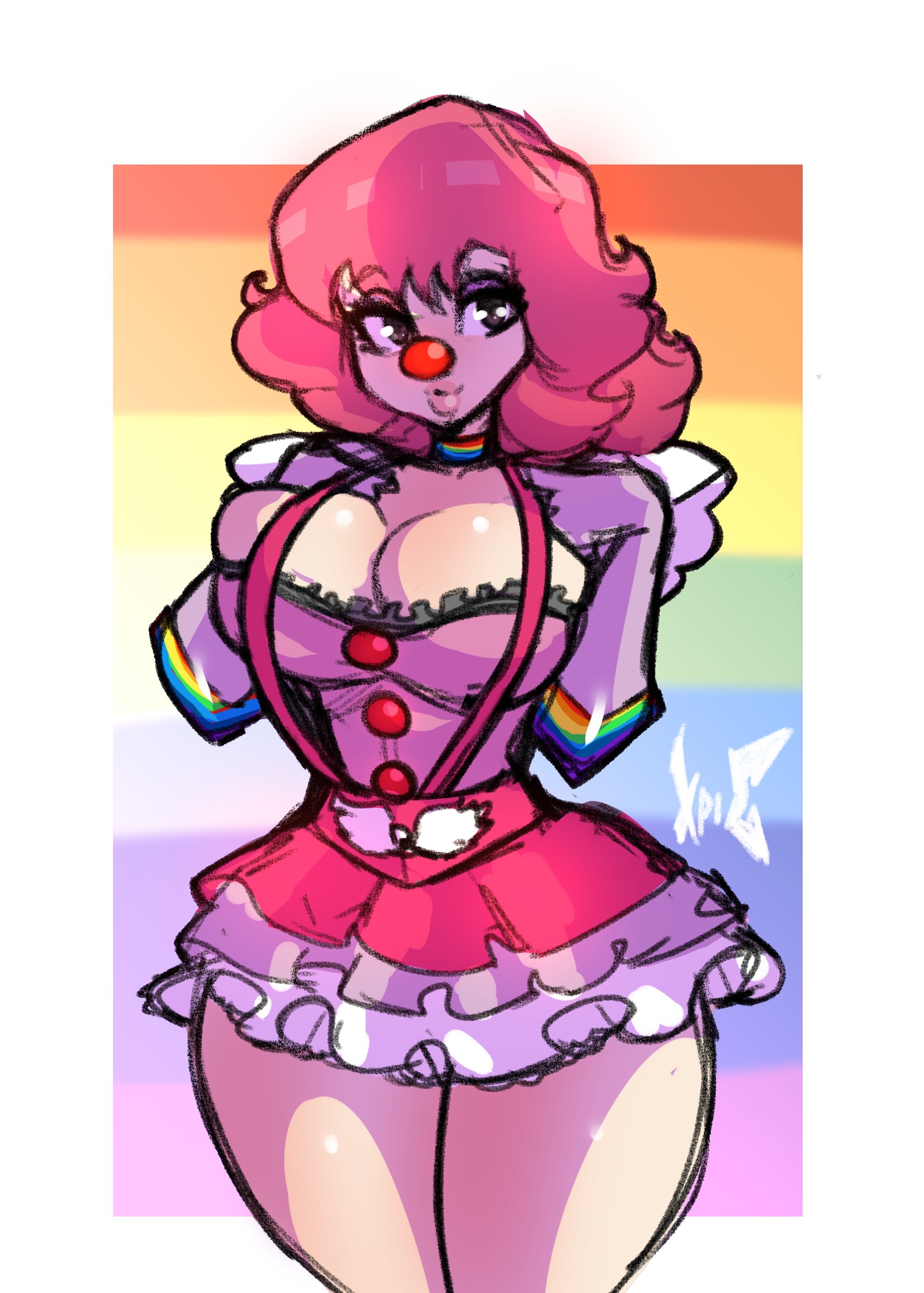 1girls, absurd res, breasts, cleavage, clown, clown girl, female, female only, geiru toneido, gyakuten saiban, hi res, large breasts, pink hair, skirt, solo, thick thighs, thighs, wide hips, xpisigma