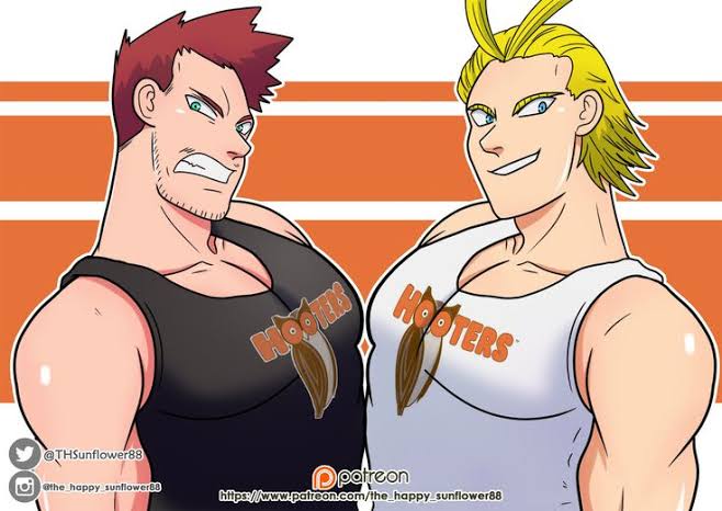 2boys all_might endeavor_(my_hero_academia) enji_todoroki himbo himbo_hooters hooters_uniform male male_only muscular my_hero_academia shirt thsunflower88 toshinori_yagi