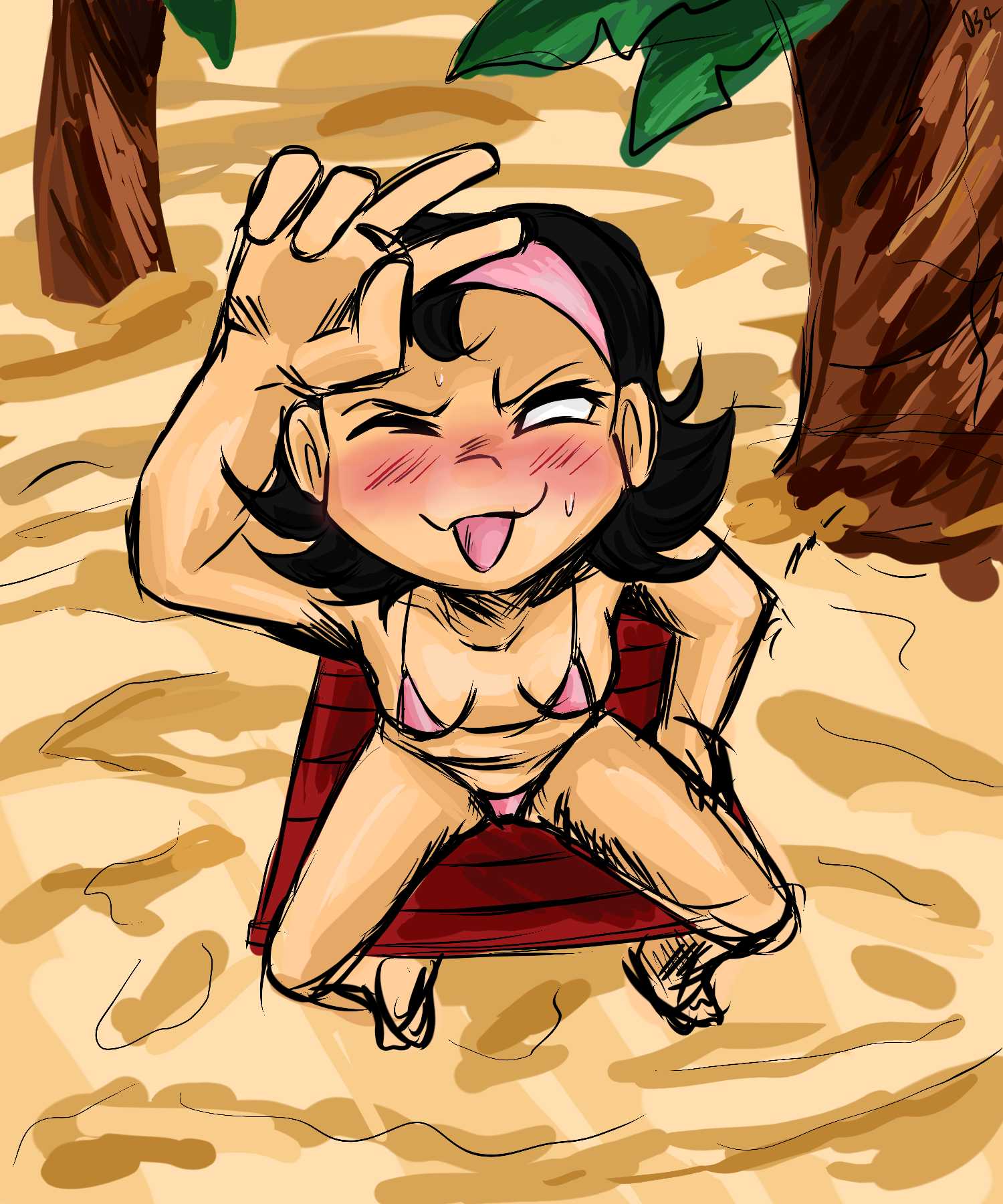 artist_request beach bikini bikini_bottom bikini_top blush breasts chair color coloured female nene_(newgrounds) newgrounds no_pupils omnii34 one_eye_closed peace_sign pico's_school pink_bikini pink_hairband sand sketch sweat sweatdrop tagme tongue tongue_piercing tree trees yellow-skinned_asian