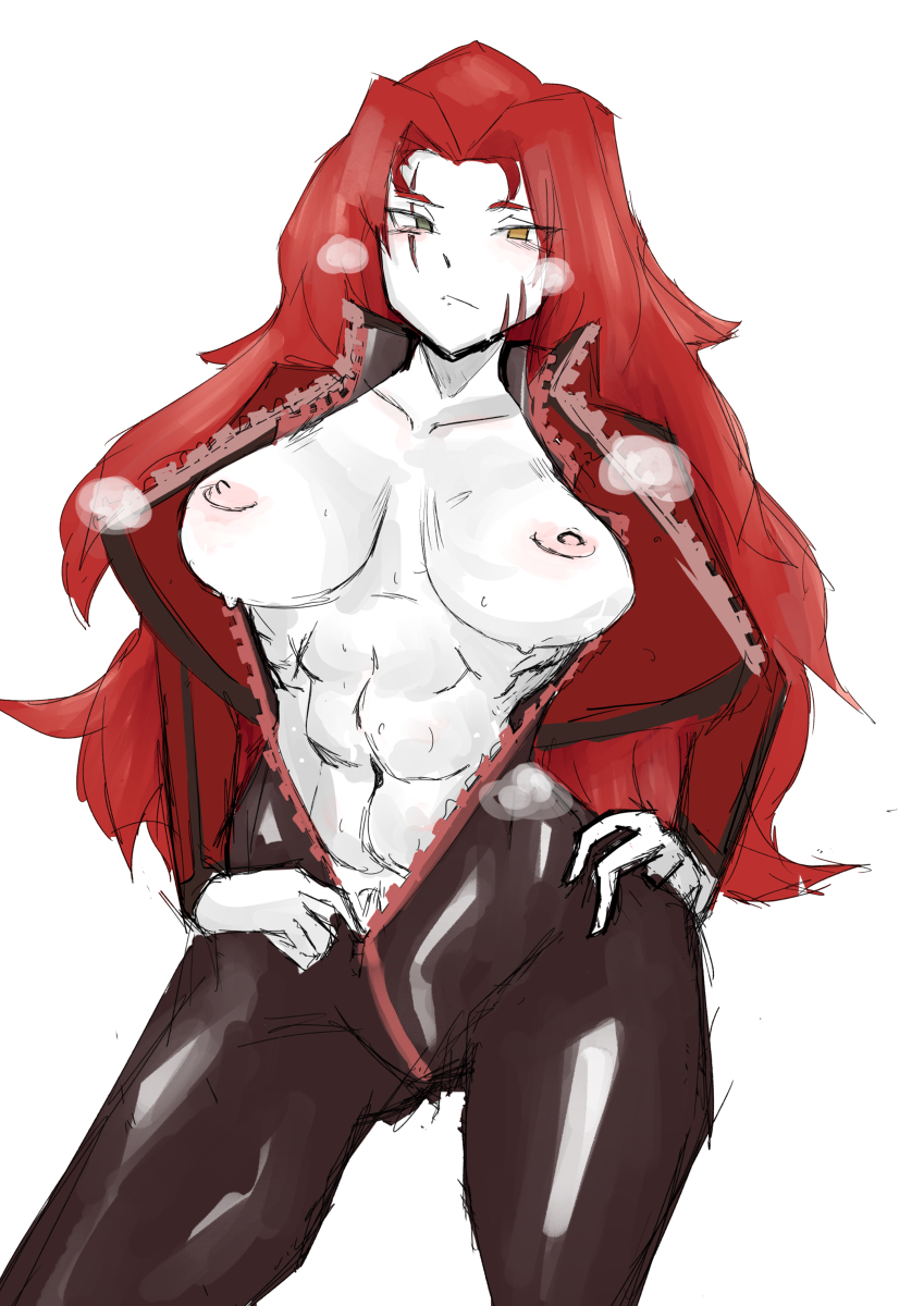 1girls, abs, black eyes, bodysuit, breasts, female, gebura (lobotomy corporation), hand on hip, heterochromia, jacket, library of ruina, lobotomy corporation, long hair, muscular, muscular female, nipples, open clothes, project moon, red hair, scar, steaming body, sweat, yellow eyes