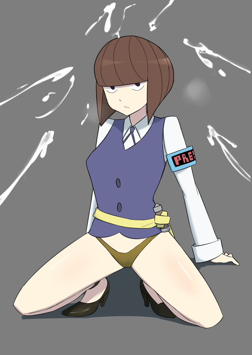 1girls black_eyes bottomless brown_hair cum cumming heels kimberly_(little_witch_academia) kneeling little_witch_academia oksandio panties school_uniform simple_background tagme