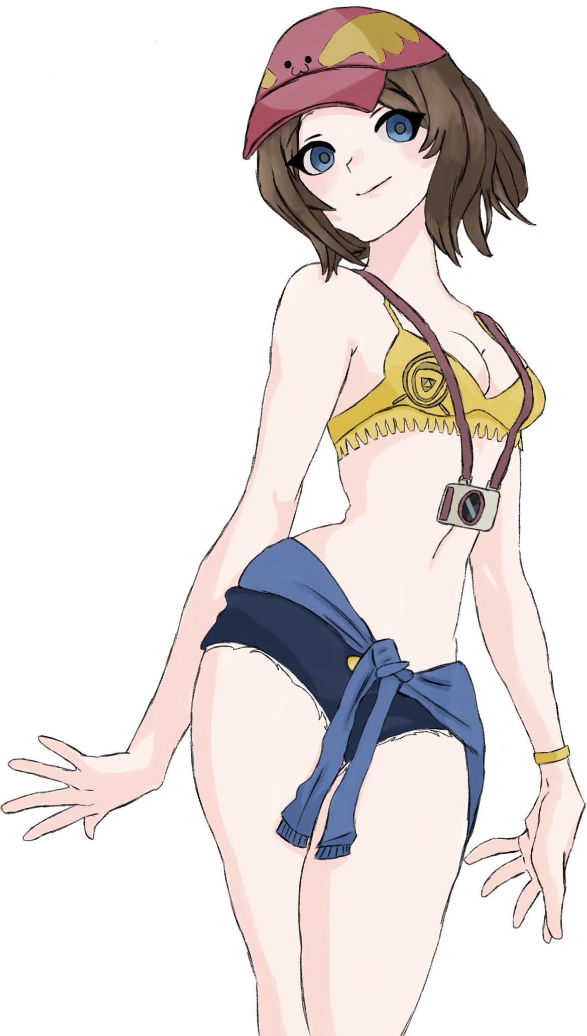 bikini top, blue eyes, breasts, brown hair, camera, cap, female, fortnite, fortnite: battle royale, hat, pale skin, shorts, skye (fortnite), small breasts, swimsuit, thick thighs, thighs, white skin
