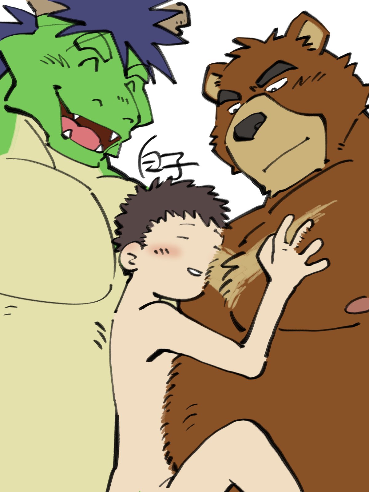 anthro asian_mythology blue_hair blush brown_body brown_fur closed_eyes crescent_(shape) dragon east_asian_mythology eastern_dragon embrace fur green_body group hair hi_res hiroyuki_(morenatsu) horn hug human human_on_anthro interspecies juuichi_mikazuki larger_anthro larger_male long_hair male male/male mammal morenatsu multicolored_body musclegut muscular muscular_anthro muscular_male mythology nipples nude open_mouth pec_grasp pec_smothering pecs sandwiched scalie shirako signature size_difference smaller_human smaller_male tatsuki_(morenatsu) trio ursid video_games visual_novel yellow_body