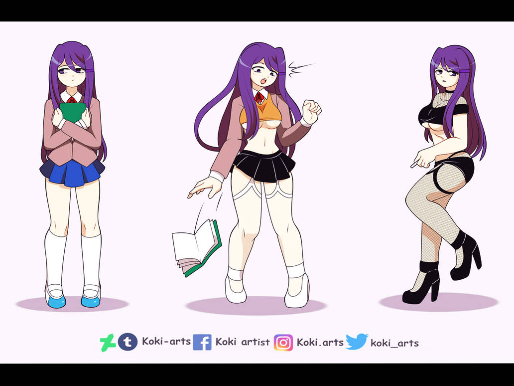 1girls alternate_breast_size bimbo bimbofication doki_doki_literature_club female female_only fishnets high_heels koki_arts lipstick makeup prostitution slutty_outfit smoking solo transformation yuri_(doki_doki_literature_club)