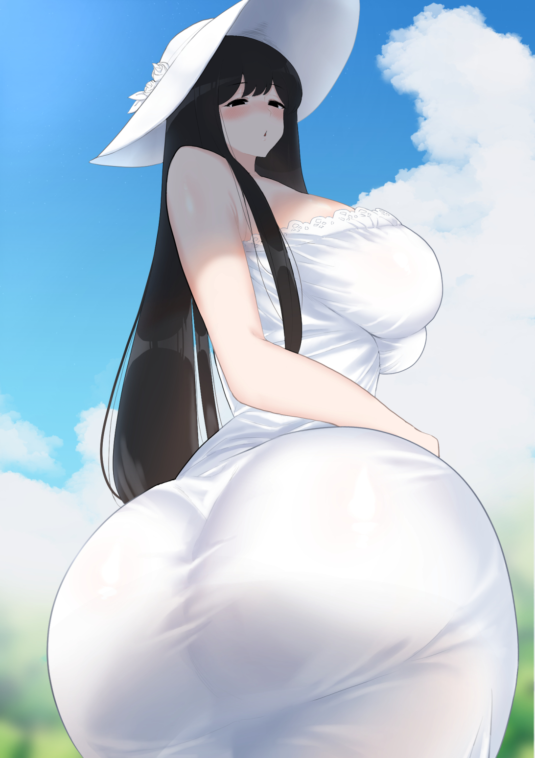 1girls, ass, ass bigger than head, ass focus, ass in dress, baconegg23, big ass, big breasts, big butt, breasts, clothed, d jirooo, dress, dumptruck ass, fat ass, female, hasshaku-sama, huge ass, huge breasts, looking back, mature female, solo, tall, tall female, thick thighs, tight clothing, tight dress, wide hips