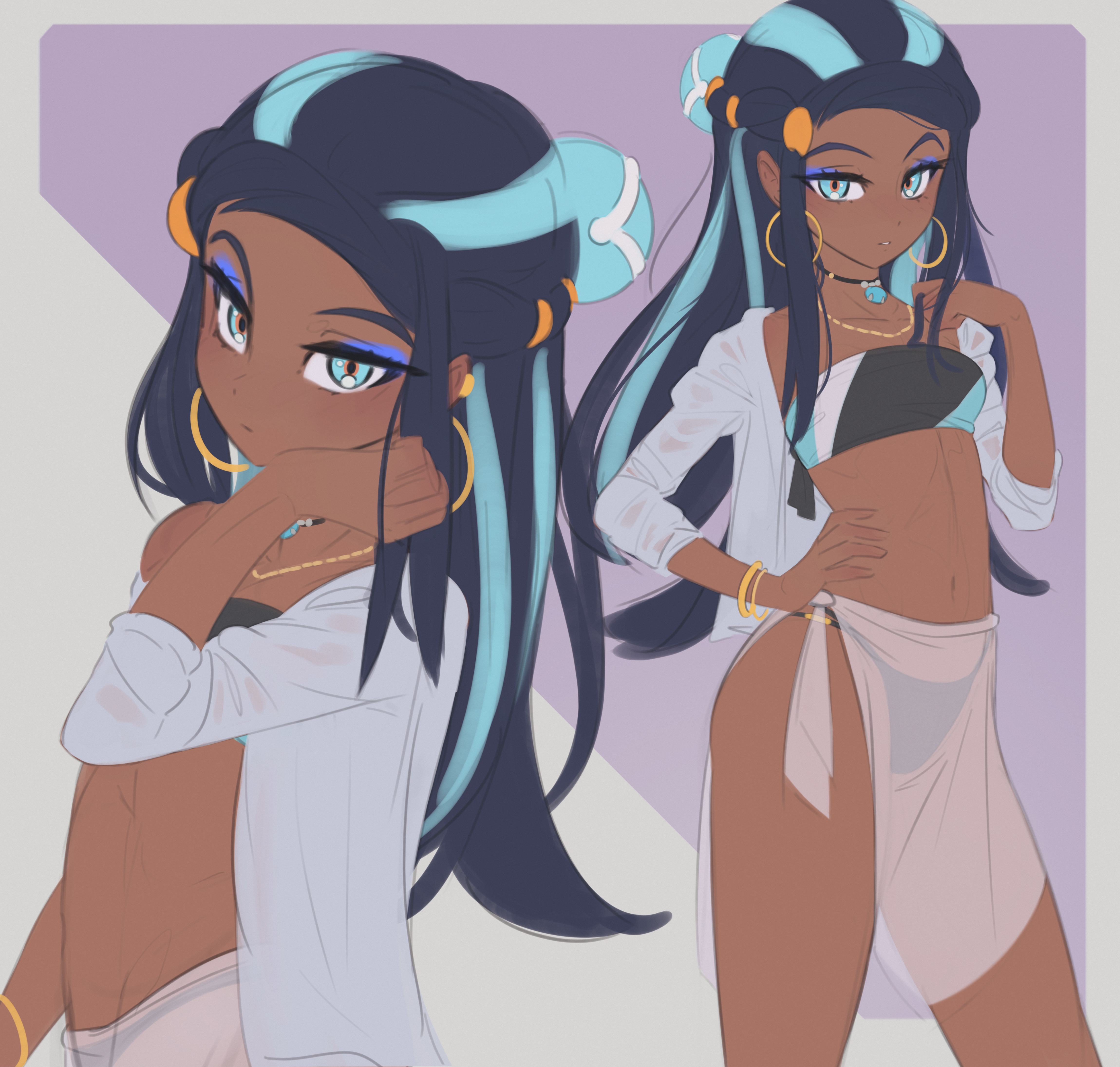 1girls, anonds31, bikini, blue hair, dark skin, dark-skinned female, earrings, female, looking at viewer, multicolored hair, necklace, nessa (pokemon), nintendo, pokemon, pokemon ss, sarong, shirt, solo, tagme