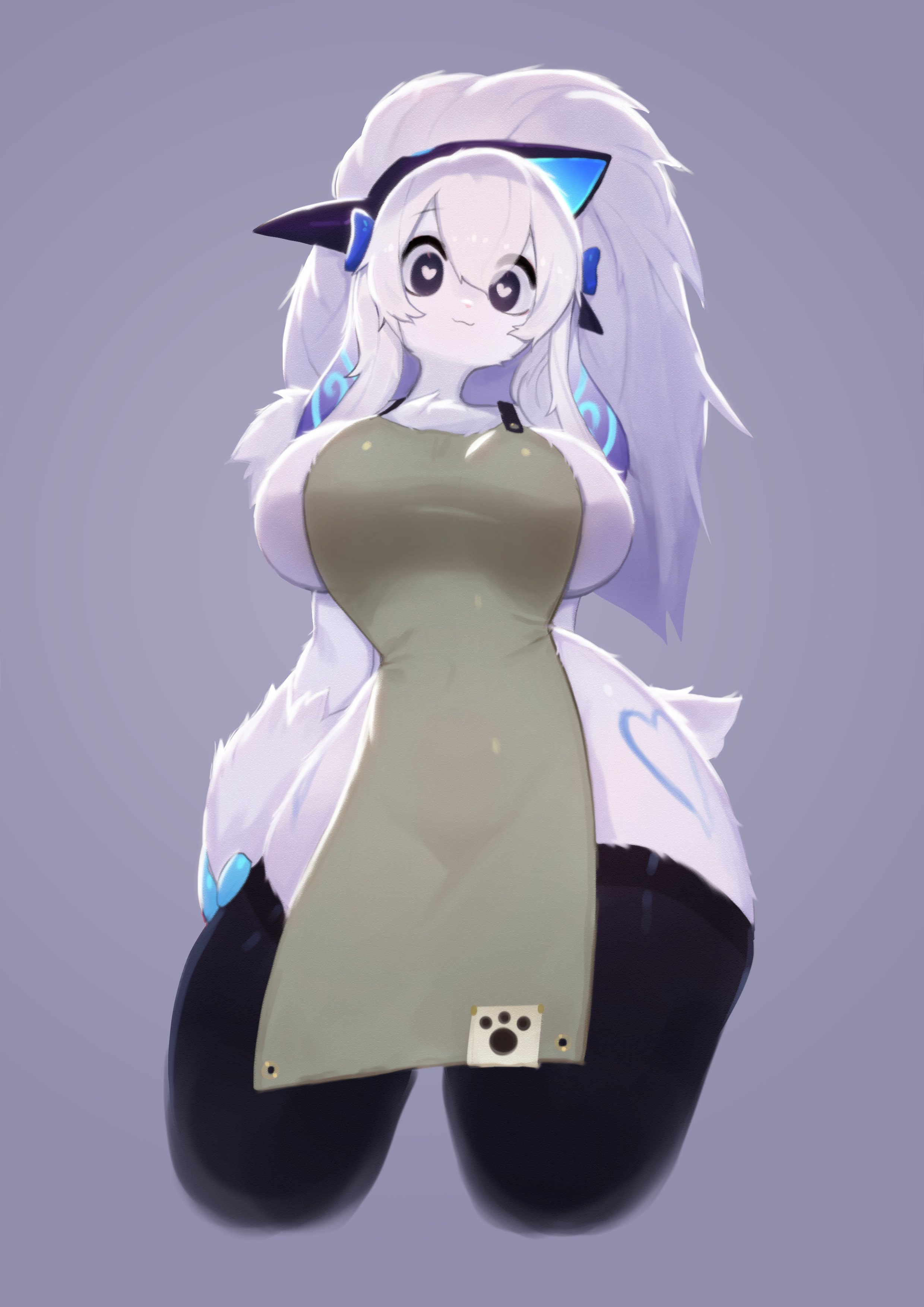 anthro, apron, apron only, big breasts, breasts, female, heart-shaped pupils, kindred, lamb (league of legends), league of legends, looking at viewer, soda uyu, tagme, thighhighs