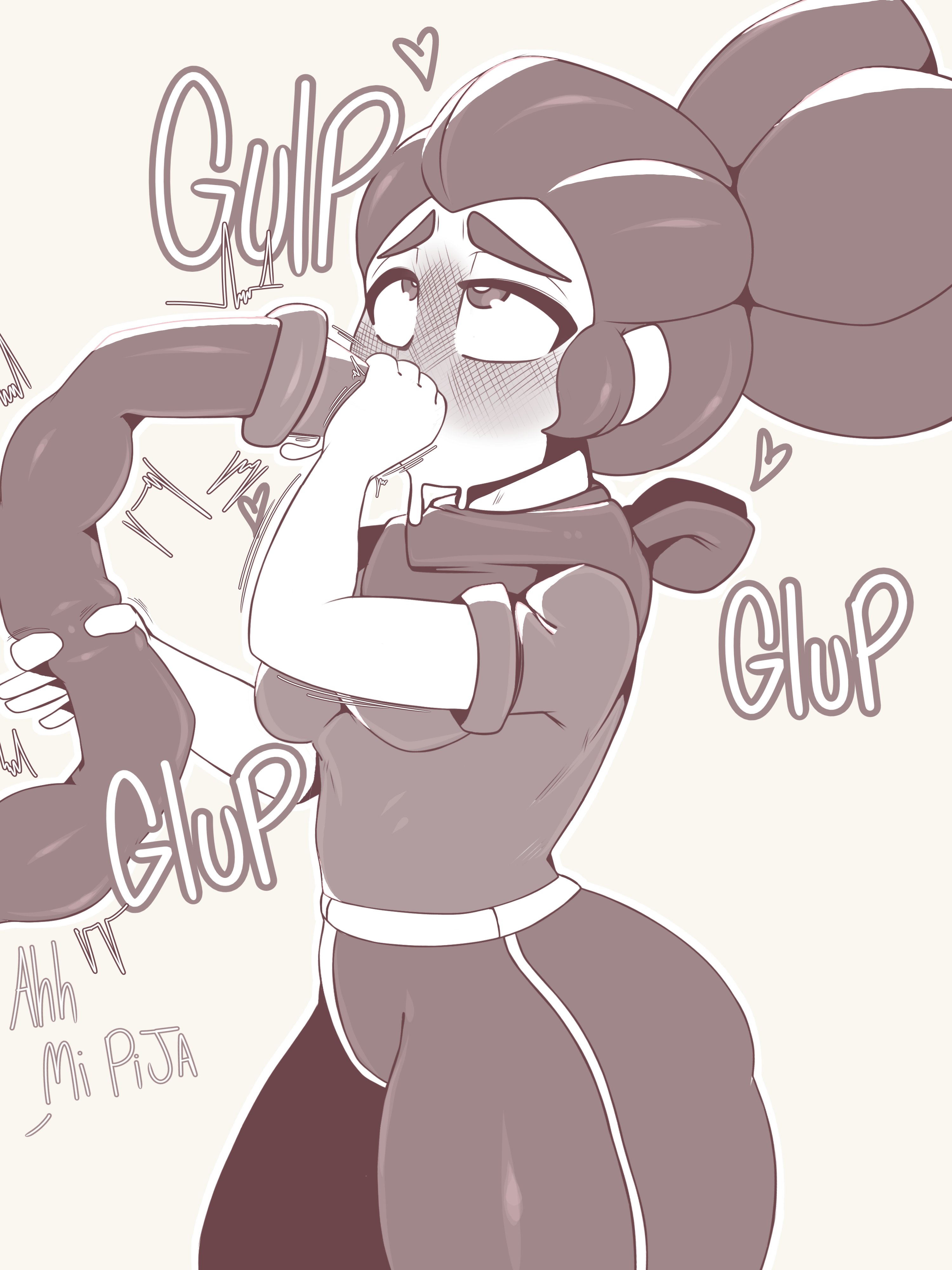 ahe gao, ass, big ass, blush, brawl stars, breasts, female, gulp, jacksito (artist), otis (brawl stars), shelly (brawl stars), spanish text, sucking, supercell, text, thick ass, thick thighs