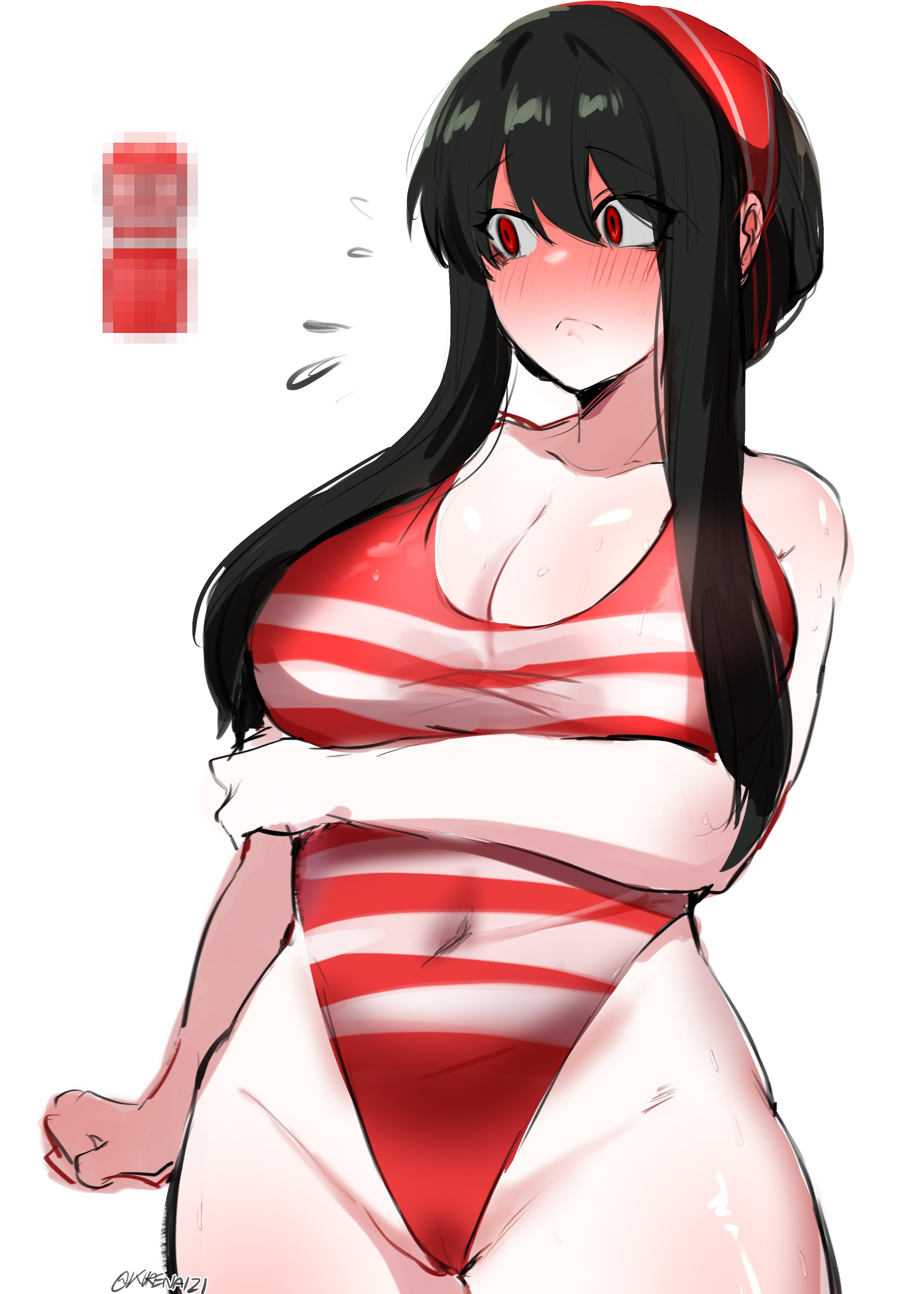 1girls, 5:7, arm under breasts, belly, big breasts, black hair, blush, breasts, cosplay, covered navel, embarrassed, female, female only, highleg swimsuit, huge breasts, kurenaiz1, large breasts, looking away, navel, onahole, one-piece swimsuit, red eyes, red one-piece swimsuit, red swimsuit, red swimwear, signature, spy x family, standing, striped swimsuit, striped swimwear, swimsuit, tenga, tenga outfit, white background, yor briar, yor forger