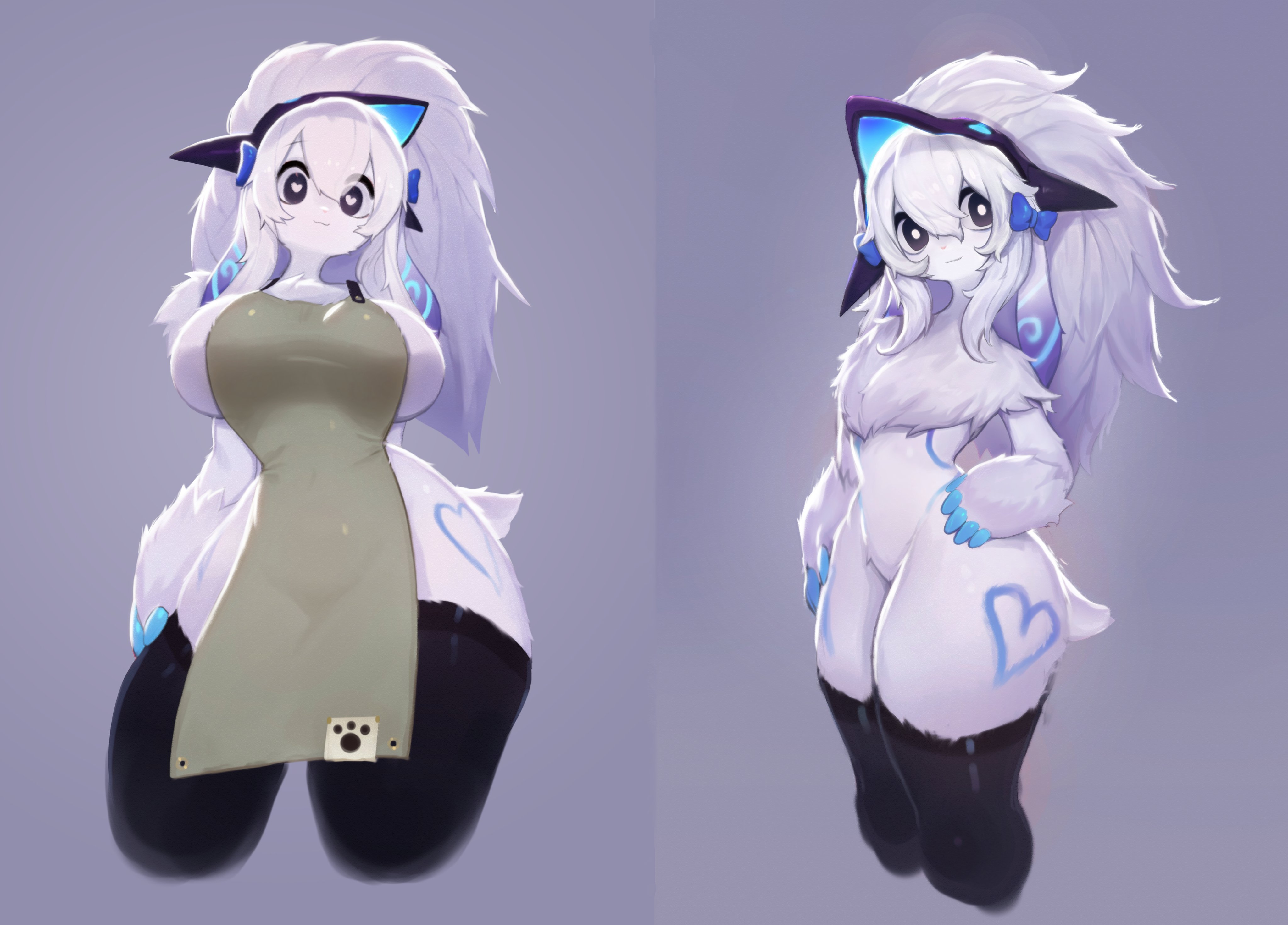 anthro, apron, apron only, big breasts, bovine, breasts, female, furry, heart-shaped pupils, kindred, lamb (league of legends), league of legends, multiple images, nude, nude female, riot games, soda uyu, tagme